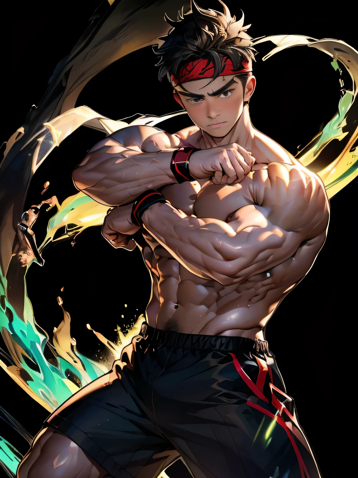 (Masterpiece, Best quality 19 year old boy, black background, shoot from front), solo, Young, boy, muscler, Shirtless, topless, (Dark Short straight hair, under cut, brown eyes), (red headband, ((black wristband))), Vivid colors, (hot Abs:1.2, abs!, big abs, big breast:1.2, chest!, muscler upper arms), (topless male), muscler!, muscler body, Man with martial arts stance, (aura power:1.4), detailed face, detailed muscle, (((A magical turquoise mystical aura, random fighting pose, powerful, action, rippling muscles, Fotografia de combate)))
