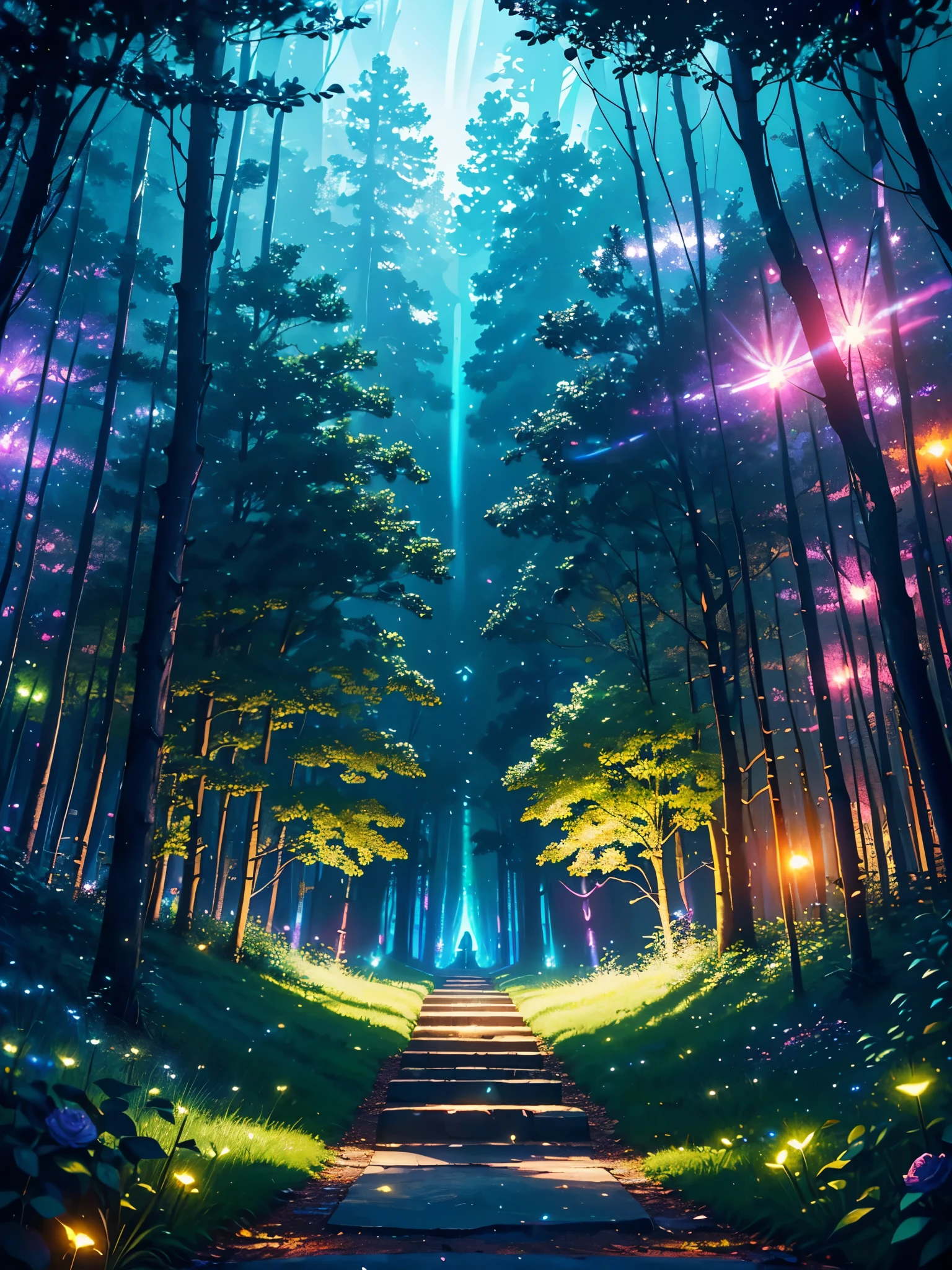 path with steps curving towards the sky, (((an enchanted forest, with sinister trees smiling in the dark, glowing eyes among the bushes, fairies and neon fireflies flying across the view))), forest with rose flowers of various colors , {extremely detailed 16k CG unit wallpaper}, expansive landscape photography, (a low angle view focusing on the character and the sky above), (wide open field view), (low angle shot), ( high light: 1.1), (low light: 1.5), (warm light source: 1.2), complex details, (iridescent colors: 1.5), (bright lighting), (atmospheric lighting), dreamy, unique, fairy tale