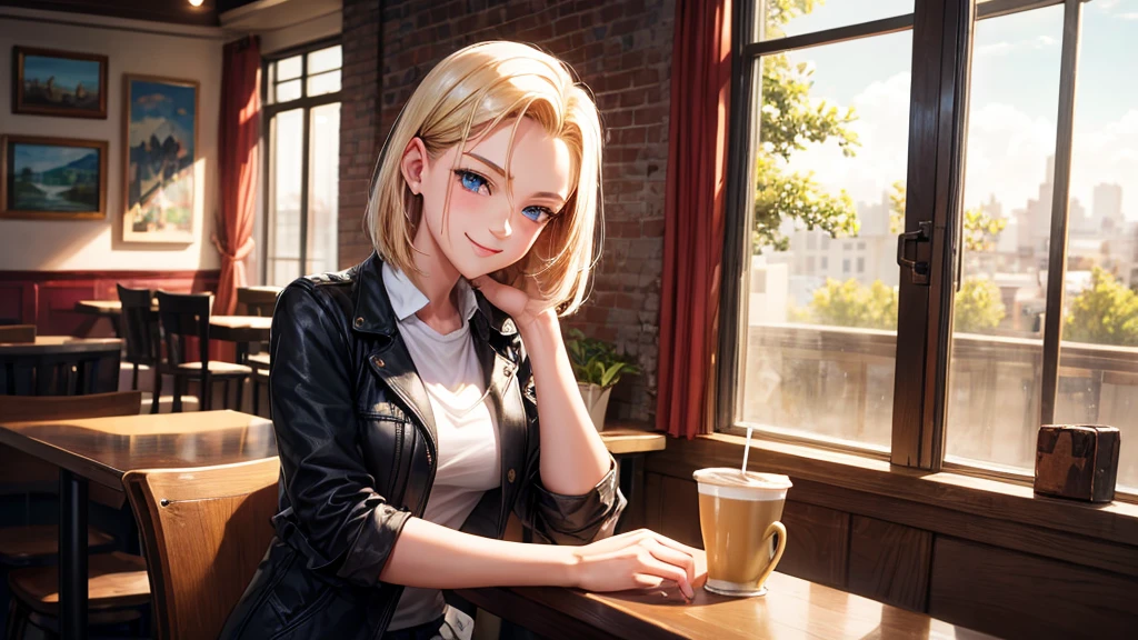 original photo, best quality), 1 girl, Android 18, natural lighting, Upper body, cafes, Smile, Satosh Khan Art Style