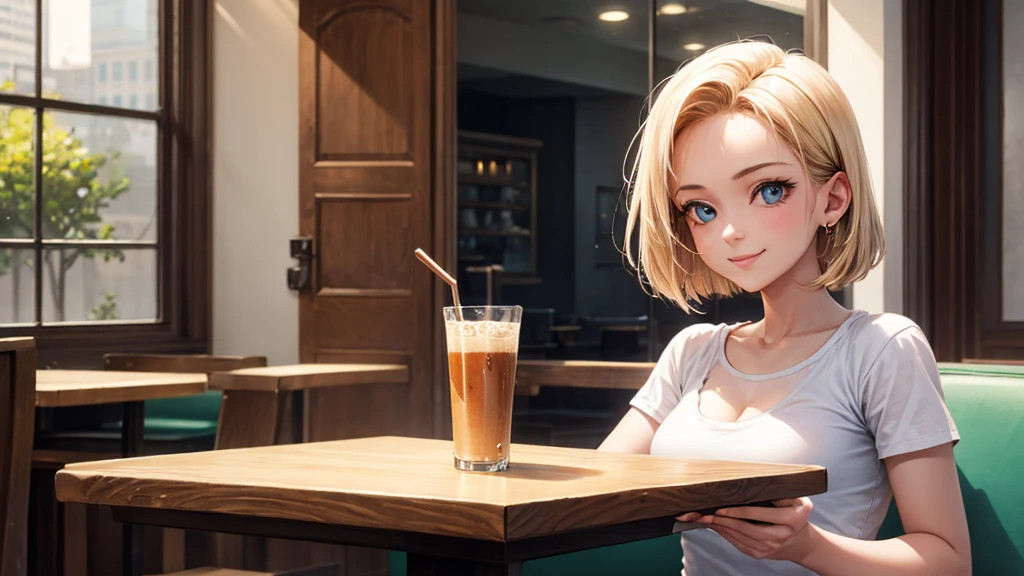 original photo, best quality), 1 girl, Android 18, natural lighting, Upper body, cafes, Smile, Satosh Khan Art Style