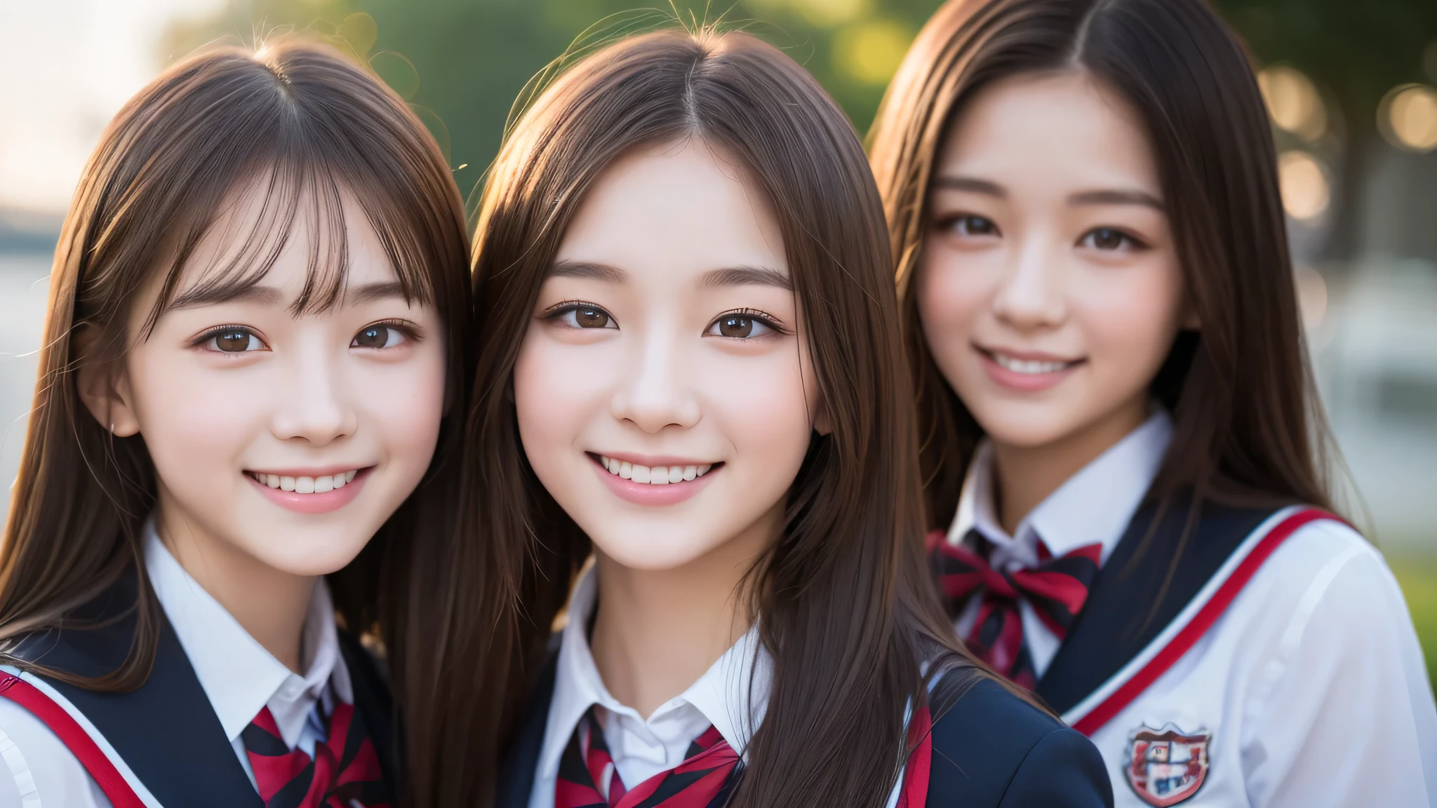 (Twins), 2girl, similar faces, beautiful girls, enchanting smile, (highly detailed eyes, highly detailed face), Fresh, very clean appearance, (hyper-realistic, hight resolution), (best Quality:1.4), Professional Photography, (high school uniform:1.2), focus on the face, 