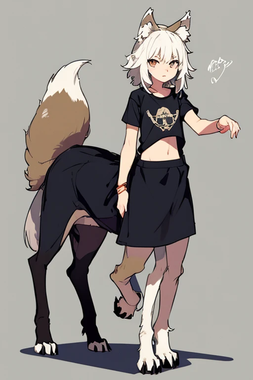 wolf girl、2 Men Arms、Four wolf legs、quadrupedal walking、delicate、delicate face、wolf ears、Silvery white hair and body hair、flat chest、T-shirt、exposure of the abdomen、sharp eyes、Super high quality