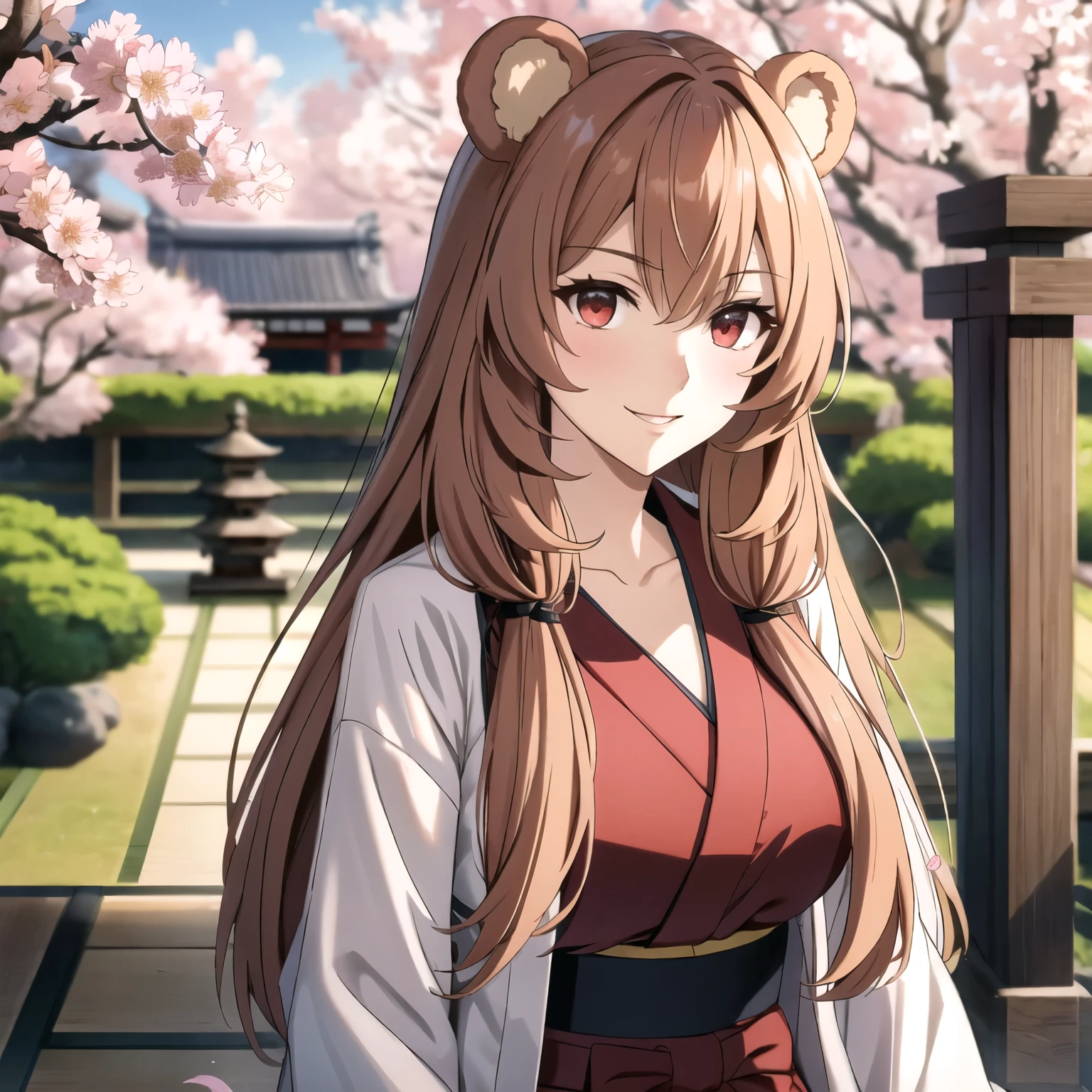 Raphtalia attractive woman 28 years old, orejas de oso, red eyes like rubies, sonrisa confiada, cabello rubio con reflejos, pecho grandes hakama blanco y rojo, hakama. pechos enormes.. background of a Japanese garden cherry trees, petals in the air. alta calidad.