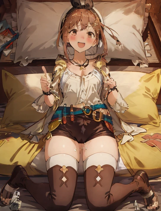 Atelier Ryza, (highest quality, 8K, masterpiece, Super detailed:1.4, official art), (Lens flare, particles of light, shine), big breasts, smile, open your mouth, masterpiece, highest quality, Super detailed, High resolution, Very detailed CG, from below, Completely naked, ((NSFW)), perfect body,sexy, panty shot,((M-shaped spread legs)), (spread your legs),raise your legs, (embarrassing:1.1), (blush:1.2), (orgasm:1.4), open your mouth, (shout:1.1), (moving line:1.1), Sweat, heavy breathing, Expansion Division, penis, sex, sex with men, {{amazon location}}, on the sofa, Bedroom, white sheets, pillow,