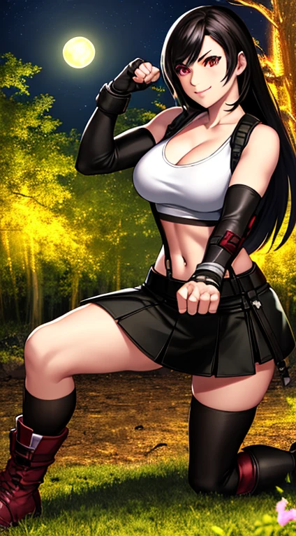 best quality, ultra-detailed, high resolution, anime style, cell shading, detailed, dynamic lighting, beautiful detailed eyes, Tifa Lockhart, final fantasy vii remake, white crop top, cleavage, elbow pad, fingerless gloves, suspenders, black leather miniskirt, red boots, dynamic pose, red eyes, serious, smile, fighting stance, sparring, (Background: Outdoors, in the forest, night, moon light luminating on the forest floor)