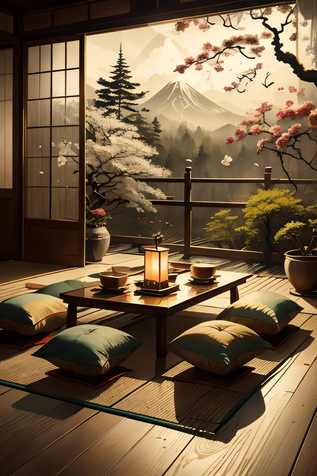 (masutepiece: 1.3), (max resolution: 1.2), (Ultra HDTV: 1.2), cinematographic light, 8K resolution, Detailed facial features and intricate details, Highly detailed wooden texture, Tatami mats with faint patterns, Shoji screens with translucent paper, Delicate ukiyo-e inspired paintings on walls, Steamed windows reflecting cherry blossoms outside, Cracks on old wooden beams adding character, Calm and tranquil atmosphere, Minimalist yet warm and cozy interior, Rice paper lanterns softly illuminating the room, Traditional Japanese tea set, Tatami floor cush