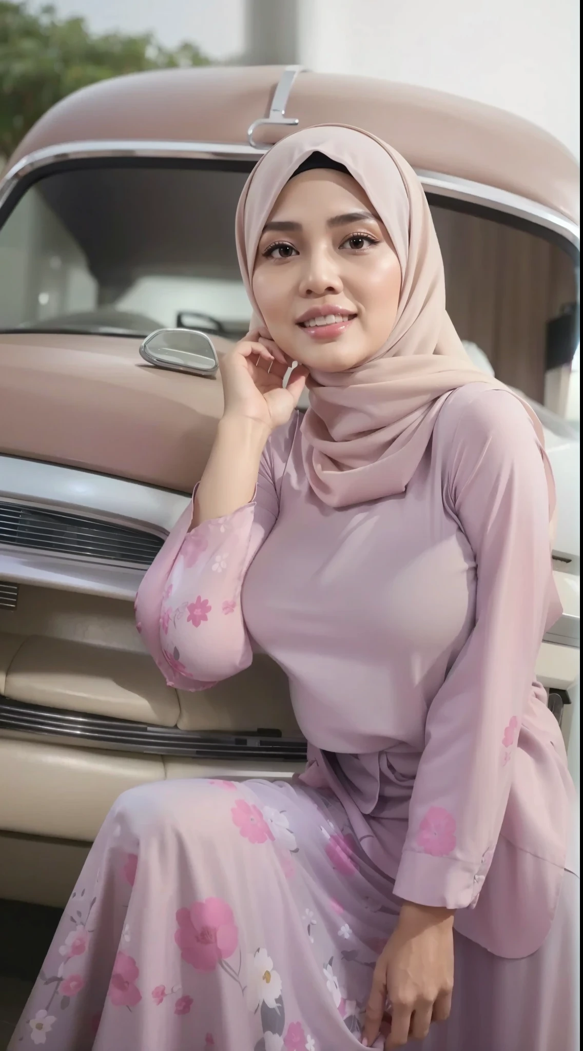 50 years Old, Hijab Indonesian  woman, Big Ti9, Gamis, Breast out froclothes : 1.9, at doctor office, Dark light, at Nighttime