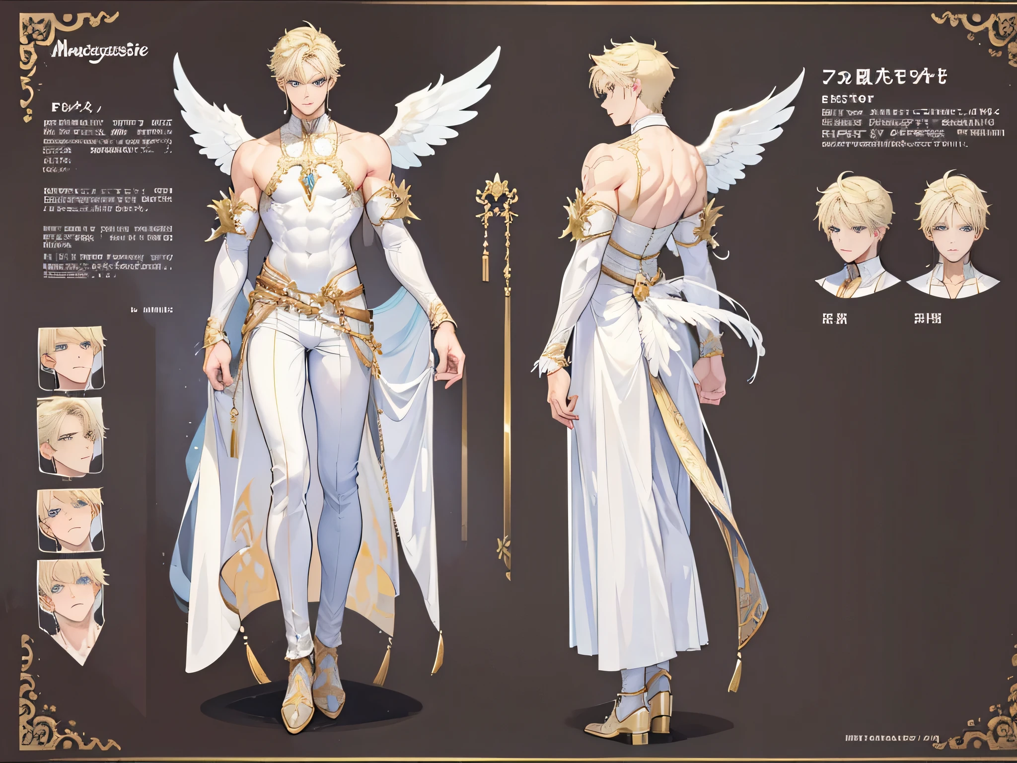 ((Masterpiece, Highest quality)), Male, boy, Detailed face, character design sheet, full bodyesbian, Full of details, frontal body view, back body view, Highly detailed, Depth, Many parts, angel wings, angel outfit, Muscle boy with blonde hair,handsome man, male angel , man tall