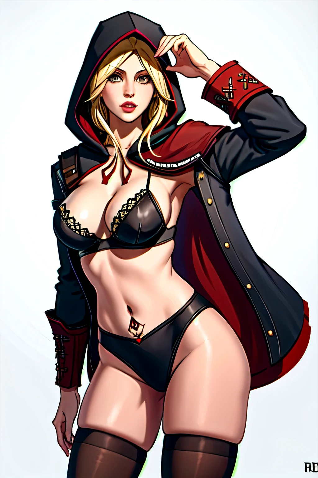 La mujer, Стиль Assassin's Creed,naked, ropa corta, poca ropa, ropa negra, black clothes, botas hasta la rodilla, Pulseras en las piernas, castillo medieval, castle, Renacimiento,rreaissance muy detallado, Realistic long-term photography., 4k, pelo largo, blonde hair, pelo rubio, By the chestnut, labios rosas, Chica con traje de Assassin's Creed Altair con capucha, Assassin symbol's Creed en la cintura, capucha, hood, tatuaje, tatoo, leg tatoo, sexy,pink lips, grey eyes,ojos grises, big breasts, pechos grandes, breasts, stocking, medias, black stockings, stocking, medias, black stockings,