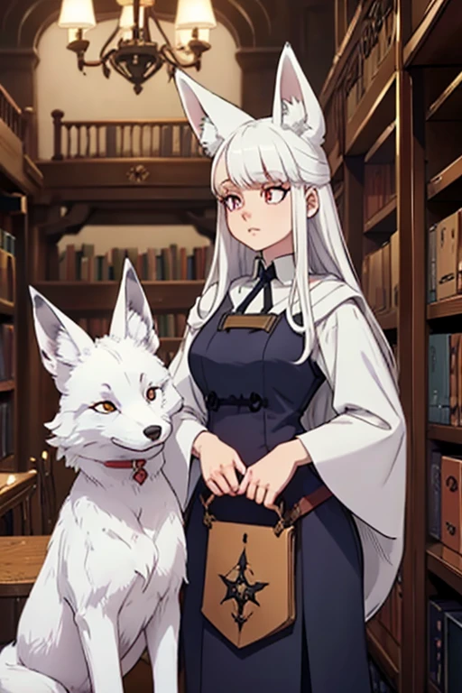 A white haired female witch with copper eyes and white fox ears and a white fox tail in a conservative witch's uniform is holding a magical white fox in a library