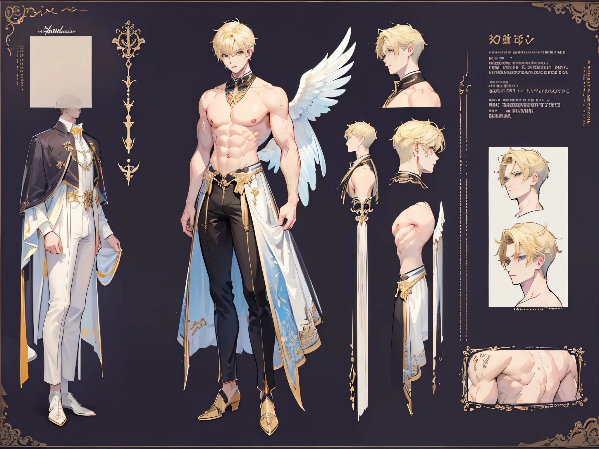 ((Masterpiece, Highest quality)), Male, boy, Detailed face, character design sheet， full bodyesbian, Full of details, frontal body view, back body view, Highly detailed, Depth, Many parts, angel wings, angel outfit, Muscle boy with blonde hair，handsome man, male angel , man tall