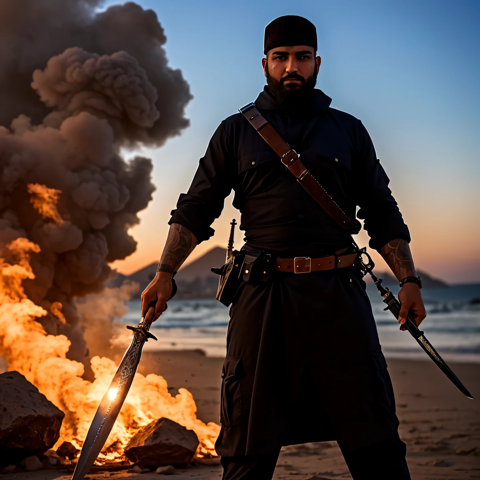 A man, a Muslim, is holding a sword against a Muslim enemy.