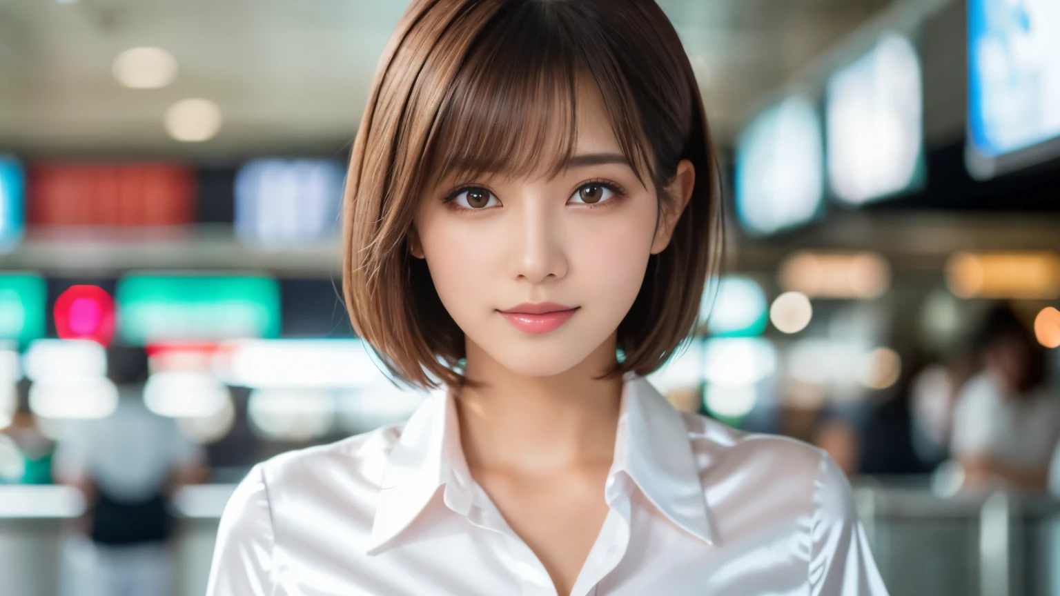 product quality, upper body shot, Front view, Airport cafe, girl, young beautiful japanese woman, short bob hair, hyper pretty face, glamorous, I wear a satin silk white shirt with short sleeves and long sleeves with a collar, Airport cafeで笑顔いっぱい, glossy lips, double eyelids of both eyes, natural makeup, long eyelashes, shiny smooth light brown hair, asymmetrical bangs, tanned skin, center image, High resolution, high detail, detailed hairstyle, detailed face, movie lighting, surreal, perfect body,