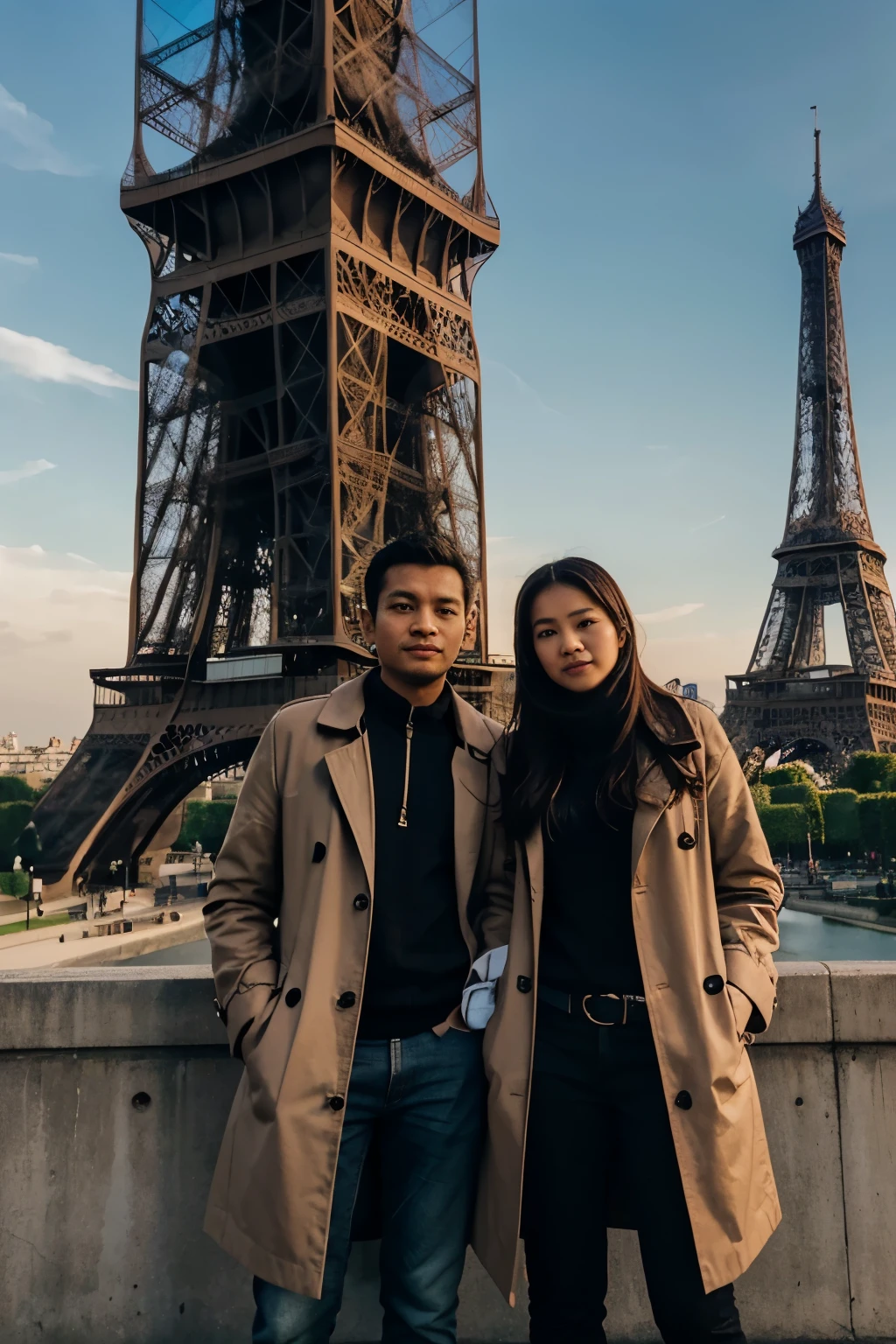 romantic couple Indonesian couple. the woman in the coat and the man wearing matching clothes standing in front of the eiffel tower, indonesian, in paris, 26 year old indonesian, in front of the eiffel tower, with a view of the eiffel, beautiful high resolution, paris, shutterstock, very beautiful photo, image beautiful, 2995599206