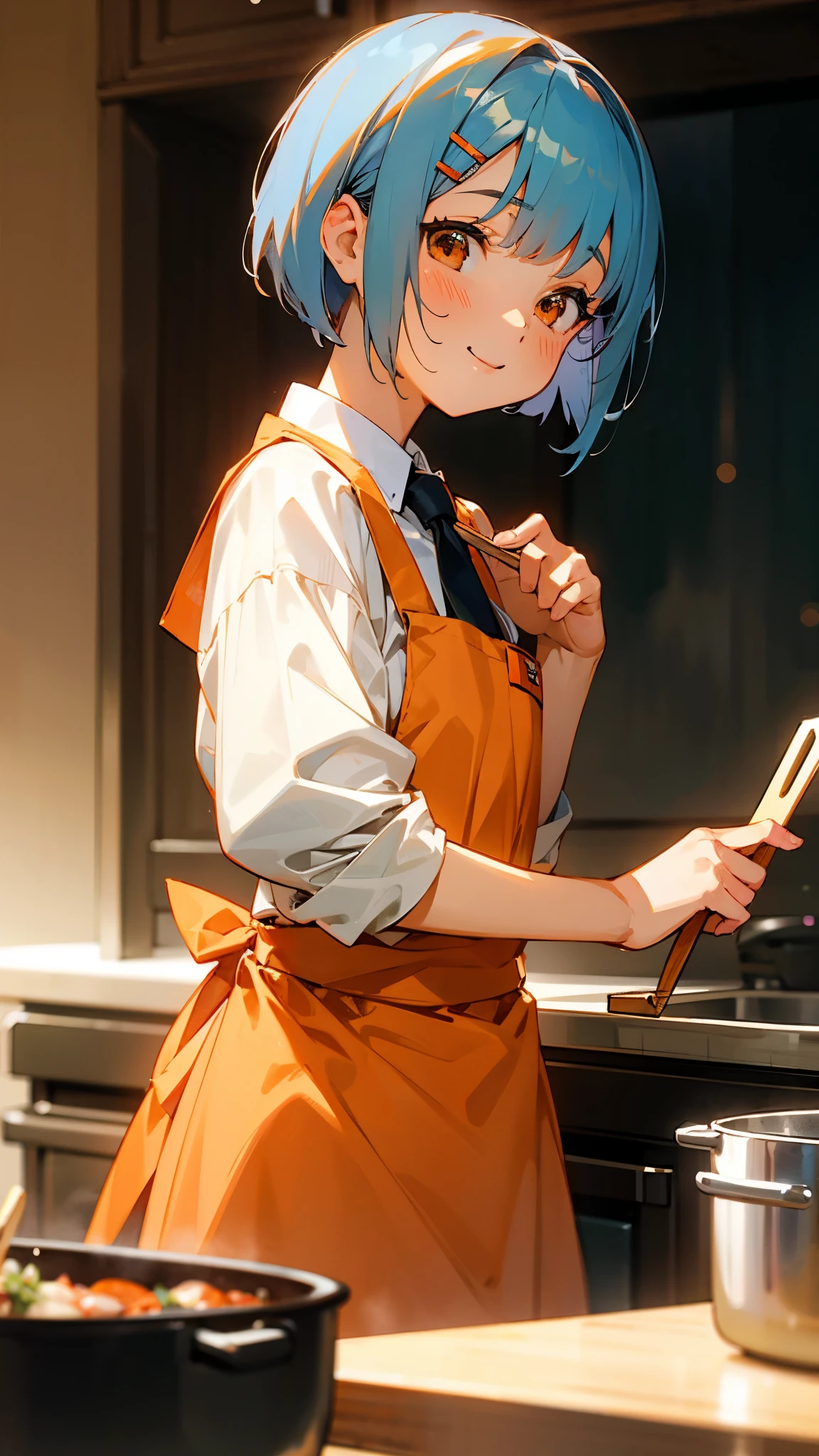 1 girl、anime picture、kitchen、Cute woman cooking delicious food、shrimp、Glossy light blue hair、short bob hairstyle、Tie your hair with an orange hair clip、Beautiful brown eyes、smile、From the side、sharp outline、background bokeh、written boundary depth