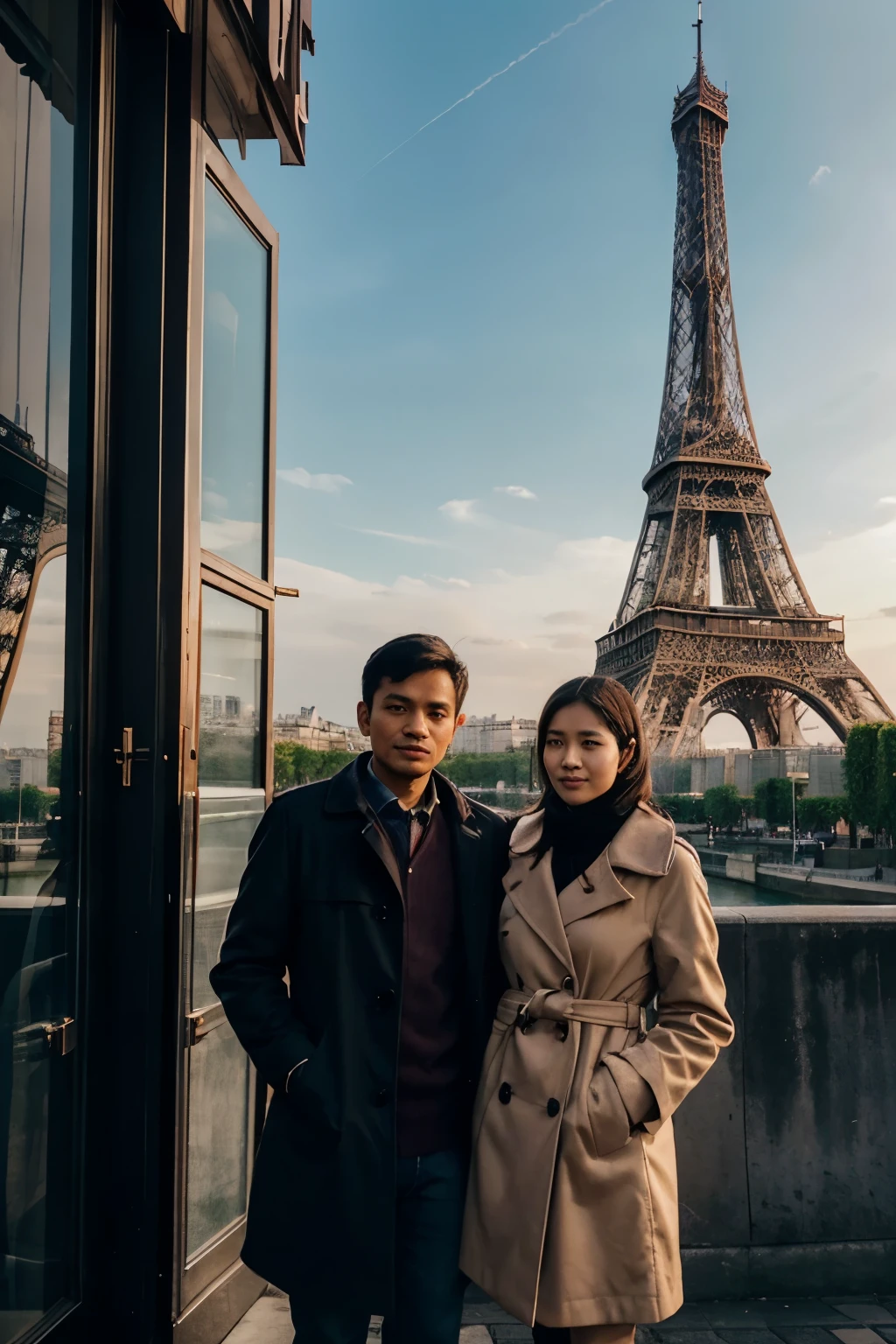 romantic couple Indonesian couple. the woman in the coat and the man wearing matching clothes standing in front of the eiffel tower, indonesian, in paris, 26 year old indonesian, in front of the eiffel tower, with a view of the eiffel, beautiful high resolution, paris, shutterstock, very beautiful photo, image beautiful, 2995599206