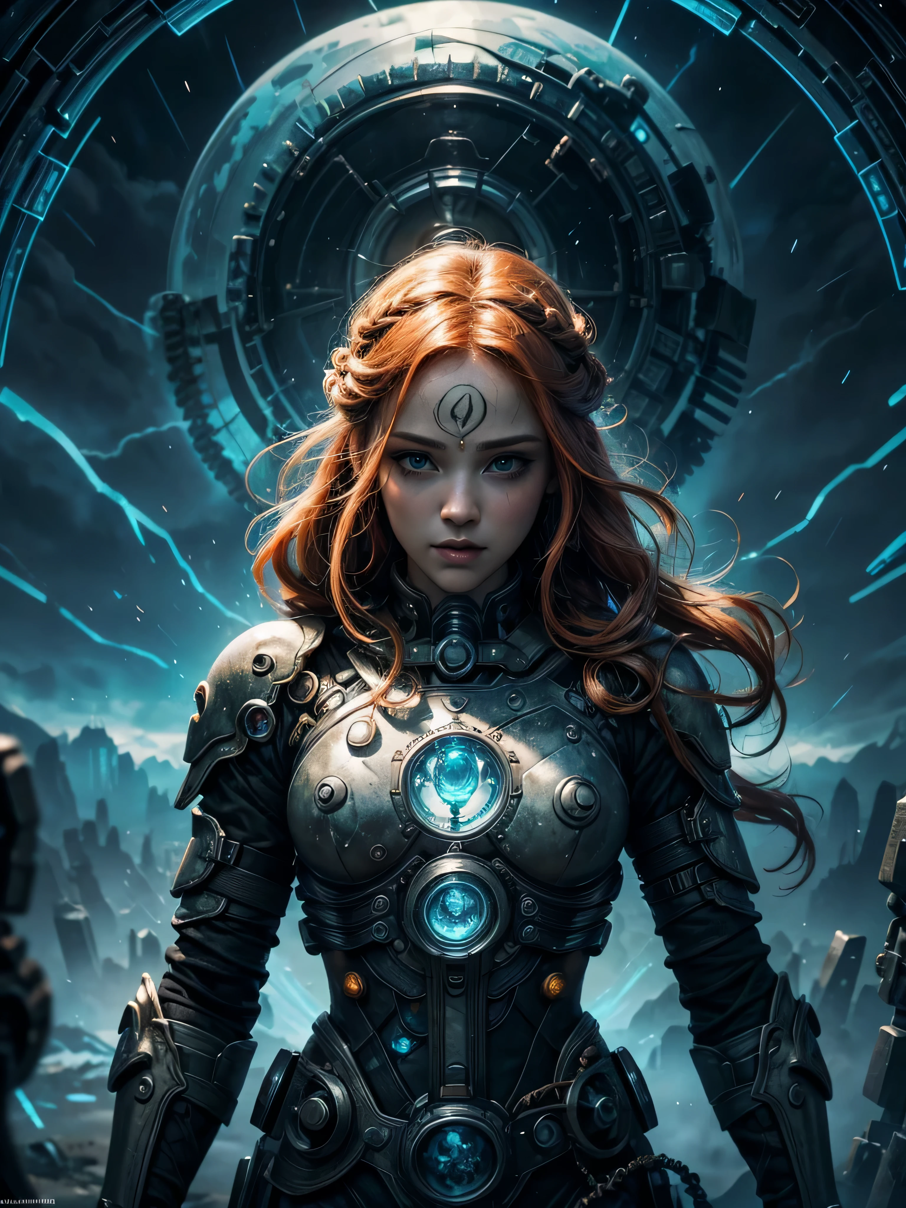 official art, unity 8k wallpaper, ultra detailed, beautiful and aesthetic, High quality, beautiful, masterpiece, best quality, (zentangle, mandala, tangle, entangle:0.6),
1 girl, adult (elven:0.7) woman, black eyes, ginger braided hairstyle,
portrait, solo, upper body, looking down, detailed background, detailed face, (fallout theme:1.1), dynamic pose, glass-cyborg, (made of glass:1.1), translucent, colorful, glass construct, champion, gemstone armor, clean glass, arcane, magical symbols, surging power, reflections, storm in background, cinematic atmosphere,