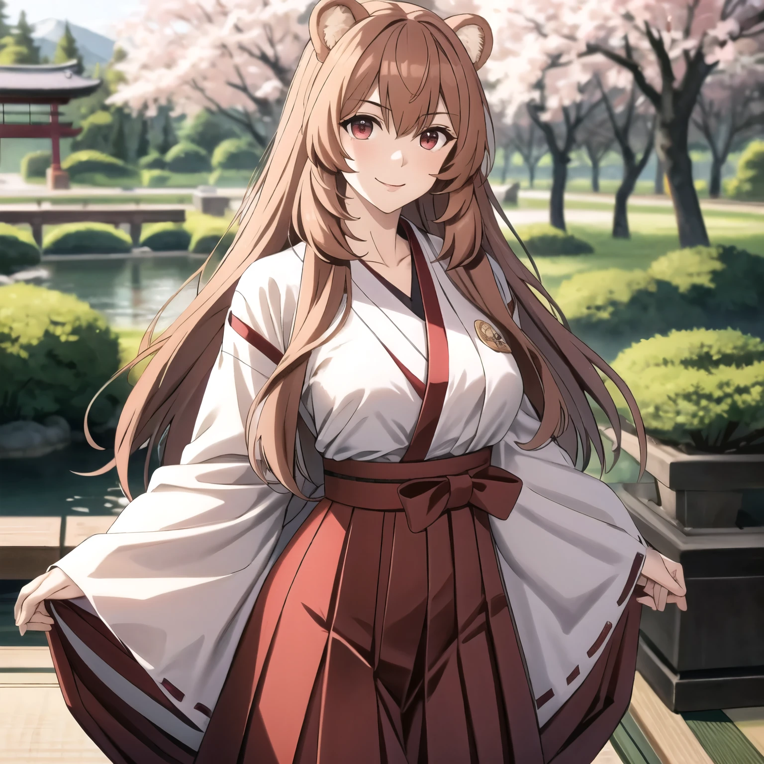 Raphtalia attractive woman 28 years old, orejas de oso, red eyes like rubies, sonrisa confiada, cabello rubio con reflejos, pecho grandes hakama blanco y rojo, hakama. pechos enormes.. background of a Japanese garden cherry trees, petals in the air. alta calidad. in front of the camera. pink belt. pechos normes.