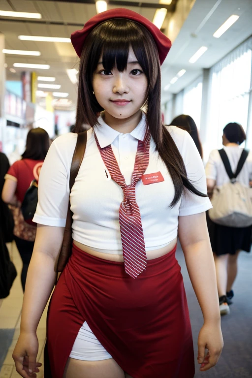 Japanese chubby cosplayer , ugly round face , round nose , loose messy body , messy stain skin , glossy lip , in comicon , transparent size-out kantai-collection costume , upskirt