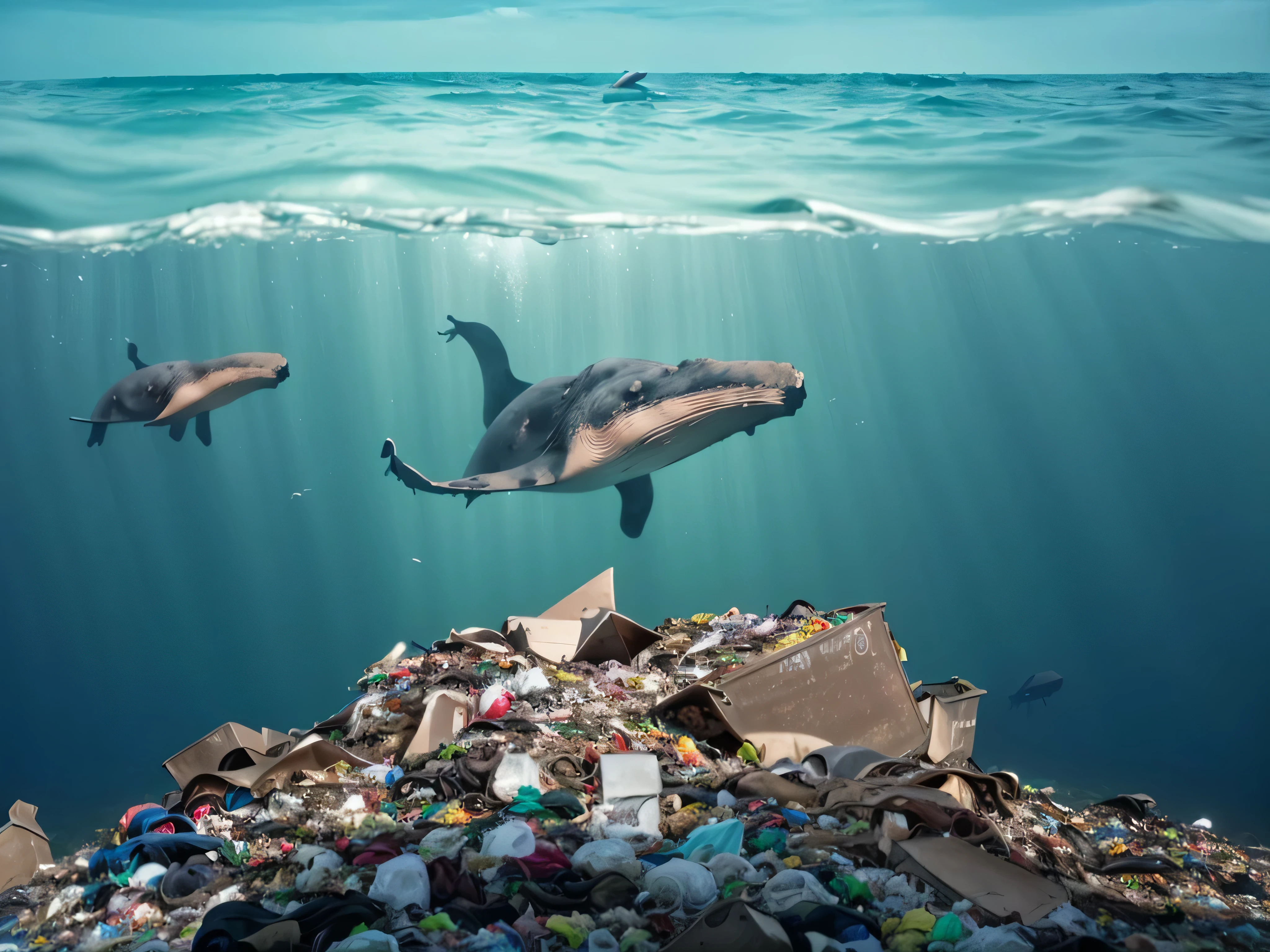 Conceptual photography, several sperm whales swimming on the seabed where garbage is piled up, (the sperm whales are swallowing the garbage on the seafloor:1.5), Zhang Kechun, ultra-wide-angle lens, panoramic depth, surreal style, unparalleled details, perfect picture, grand scene, Hollywood movie style , National Geographic Photos