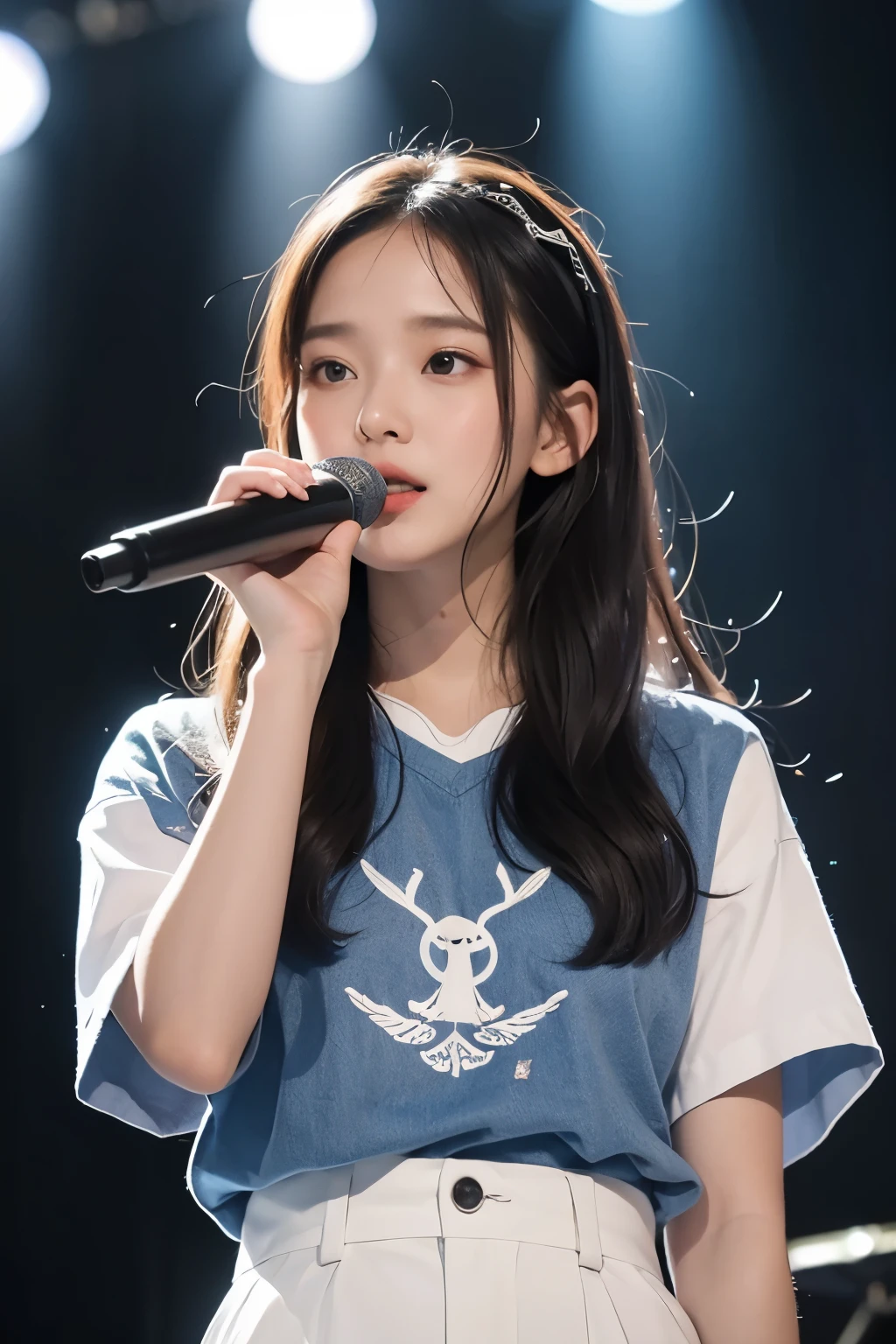 masterpiece, best quality, 8 thousand, 24 years old, photo beast, absurd, award-winning portraits, pure, korean beauty, spring, stage with electronic display, laces, cute, right, healthy, Beloved, perfect hands, A girl singing while holding a microphone in one hand, fluttering hair, Random Actions, 무작위 clothes, (clothes:random color),