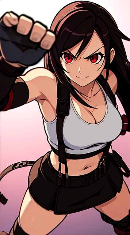 tifa lockhart, final fantasy vii, (crisis core final fantasy vii), 1girl, anime style, cell shading,  white crop top, cleavage, elbow pad, fingerless gloves, suspenders, black leather miniskirt, red boots, dynamic pose, red eyes, serious, smile, fighting stance, sparring,
