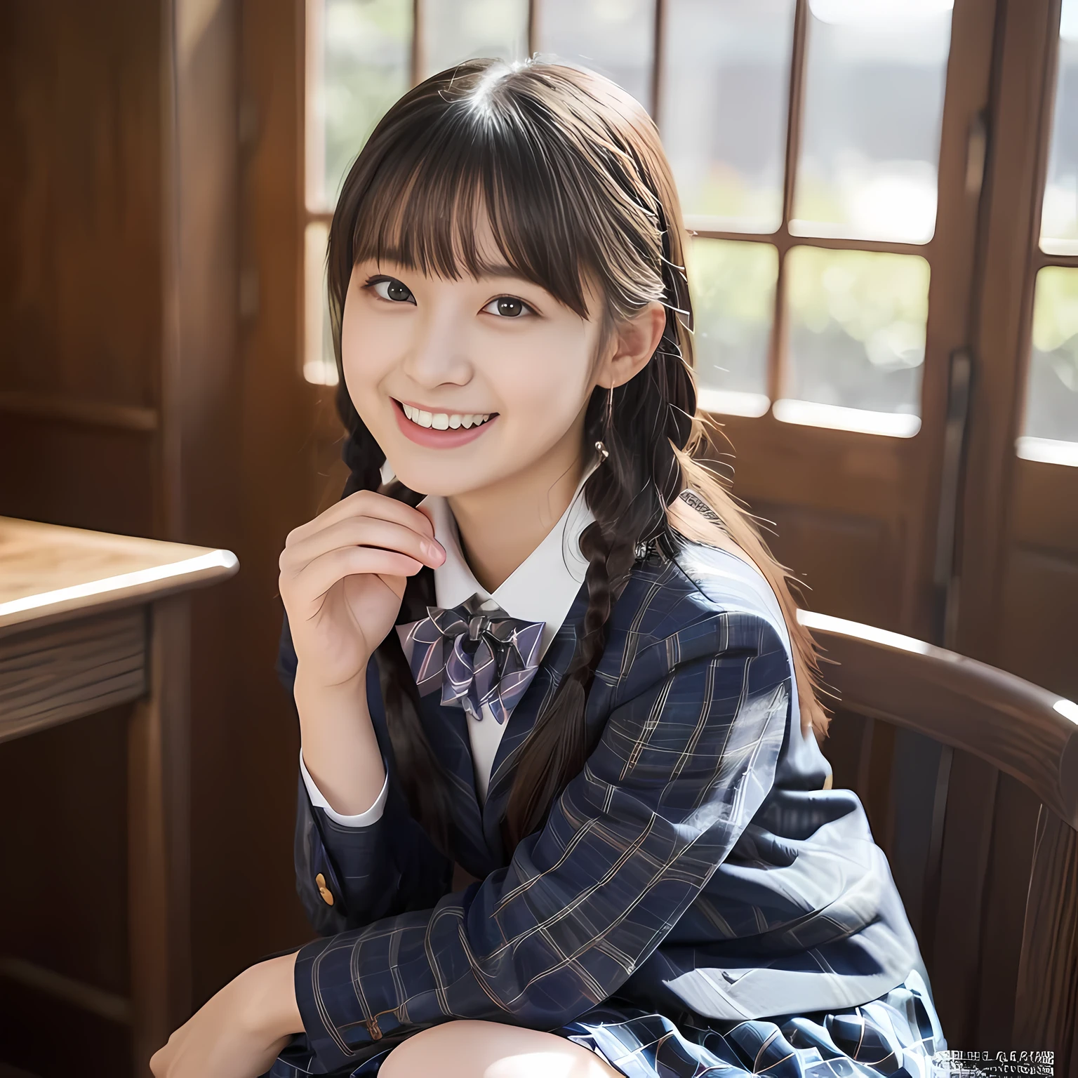 (highest quality、masterpiece:1.2)、highest quality、realistic、photograph、High resolution、1080p、8K、The face is especially pale., physical rendering、((Height: 155cm)), one Japanese girl、((A 15-year-old Japanese junior high school student is sitting)), (((Fashion model in a Japanese magazine))), , (((big very detailed beautiful dark brown eyes))), ((blue girly large wine-red glossy polyester Japanese school ribbon bow tie)), (((black beautiful long twin braids hair))), ((((deep blue colored tartan checkered formal long pleated pleated skirt)))), ((A unpatterned formal dark blue blazer in solid that is slightly oversized and has an emblem on the left chest.)), ((((((laughing at me!)))))), mouth is open, The large blazer and skirt are very cute., detailed fingers, Slender body, ((curled bangs)), so beautiful, long eyelashes, ((Very big and very very very cute eyes of a Japanese girl)), ((large pupils)), double eyelids, The entire skirt is photographed, thin eyebrows, ((drooping eyes)), ((long eyelashes)), ((cute lovely lovely laughing laughing cheeks)), ((Pure white light hits her face from above and in the front, making her skin and eyes shine beautifully.)), ((Strong light hits the nose and cheeks、It brings out the richness of the expression.)), (((((Her face is expressive, pure and very intelligent.))))), (((shot from behind)))