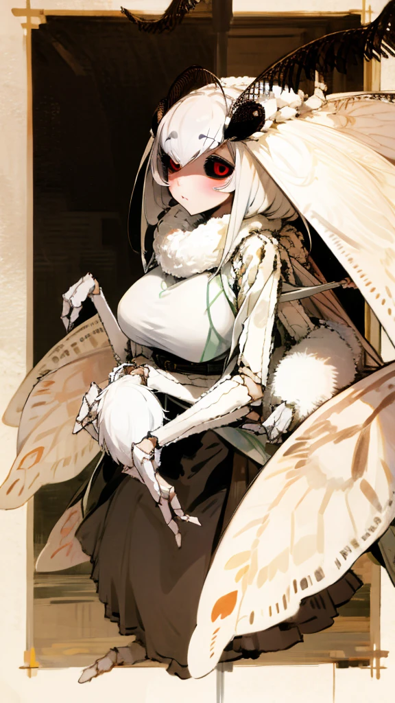 moth Neck hair hairy antenna insect four hands white fur Big Breast expansion red eye white wings insect girl full-body shot