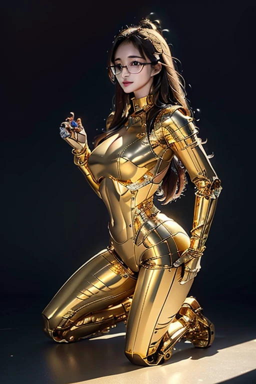 5 8K UHD、A mechanical beauty in a gold metallic body wearing glasses is kneeling、A silver metal robot with shiny skin