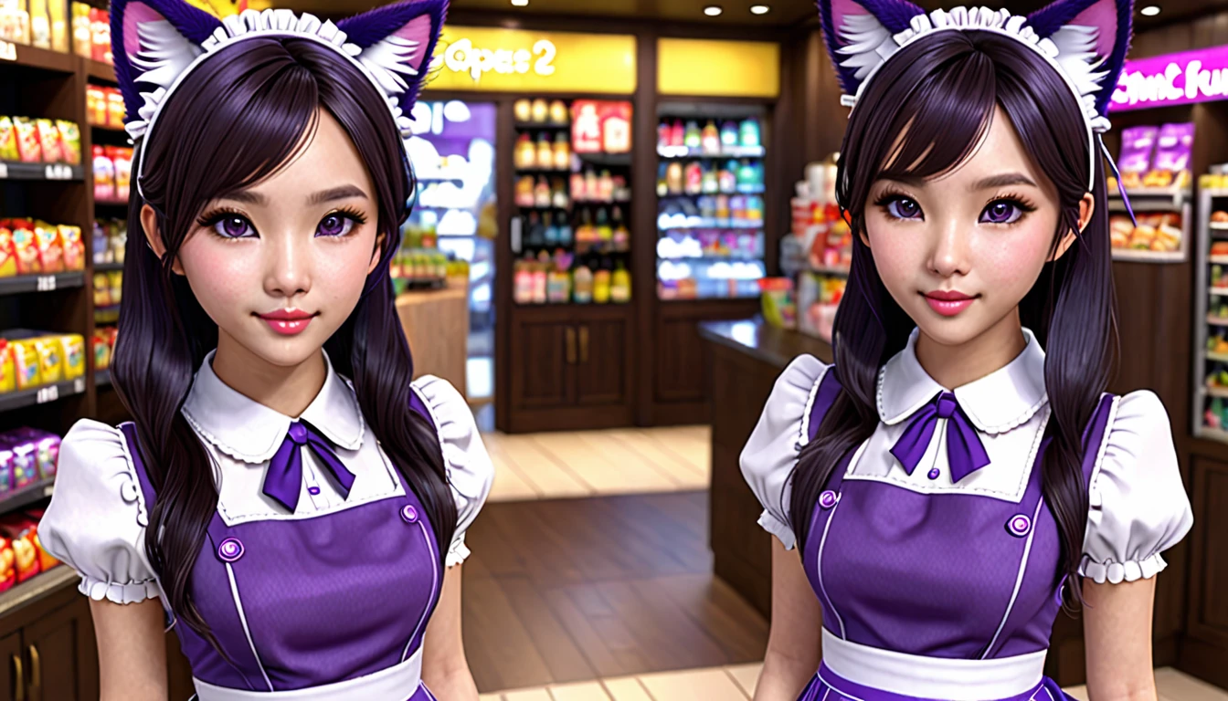 "(best quality,highres,masterpiece:1.2),ultra-detailed,realistic,photorealistic:1.37,cute Malaysian woman:1.1,age 25:1.1,beautiful detailed eyes,beautiful detailed lips,extremely detailed eyes and face,longeyelashes,shoulder length hair:1.1,fake purple cat ears:1.1,purple maid outfit:1.1,purple furry tail:1.1,flirting with the cashier:1.1,convenience store:1.1,midnight:1.1"