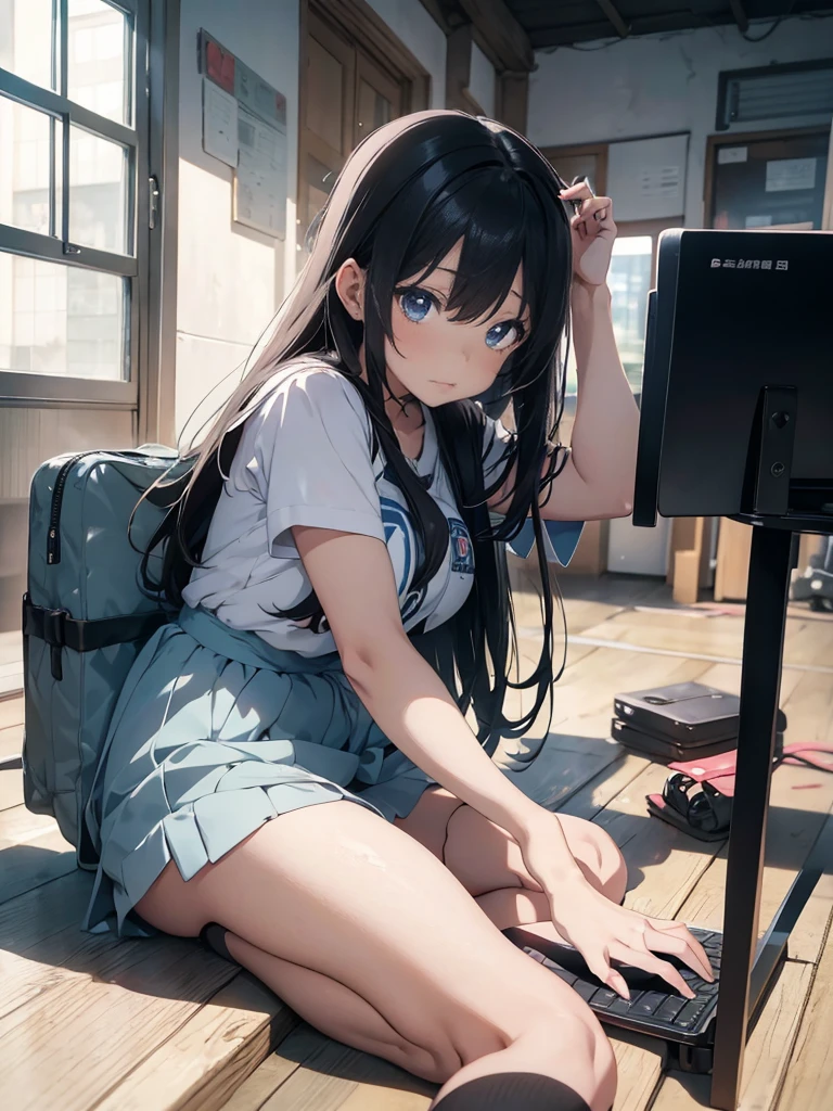 Menina anime sentada na mesa com video game console Playstation  5、animesco jovem menina 15 anos, olhos azuis, estilo de arte anime de alta qualidade, estilo de arte moe anime, jovem mulher de anime, com capuz, Anime Art Wallpaper 8K, Anime Wallaper, high quality fan art, estilo anime feminino, estilo de arte anime、Makoto Shinkai Estilo de Arte、Sitting in front of a Playstation 5 video game console、Capuz branco、(((Sit in front of your Playstation 5 video game console and look at the TV)))、Focus on the video game console Playstation 5、Work in front of the video game console Playstation 5、Um cabelo escuro、｛｛｛｛Watch video game ｝｝｝｝、Perfil