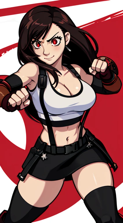 tifa lockhart, final fantasy vii, (crisis core final fantasy vii), 1girl, anime style, cell shading, white crop top, cleavage, elbow pad, fingerless gloves, suspenders, black leather miniskirt, red boots, dynamic pose, red eyes, serious, smile, fighting stance, sparring,
