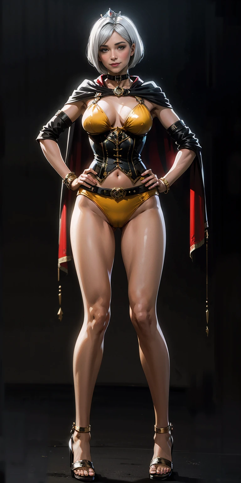 ((BLACK BACKGROUND,1:2, masterpiece)), full body MILF BIMBO standing with two long thighs and two high heels, red eyes, silver white hair, short bob style hair, big breasts, cleavage, separate sleeves, tiara royal, long cape up to two feet, yellow bikini, hands on waist, navel, lustful smirking smiling, smile face (red blushed, red cheeks), metal shoulders, gold sleeveless armbands, black leather choker slave collar, shackle bracelets, sex slave red crest, full body MILF BIMBO standing with two long thighs and two metal sandals, red eyes, silver white hair, short bob style hair, big breasts, cleavage, separate sleeves, tiara royal, long cape up to two feet, yellow bikini, hands on waist, navel, lustful smirking smiling, smile face (red blushed, red cheeks), metal shoulders, gold sleeveless armbands, black leather choker slave collar, shackle bracelets, sex slave red crest, pauldrons, breastplate, corset, eye focus, full body, whole body. 1solo . slave fighter, loincloth standing, hands on hips, metal sandals, backpack, choker, big belt, view from below, feet together, bracers, tiara)