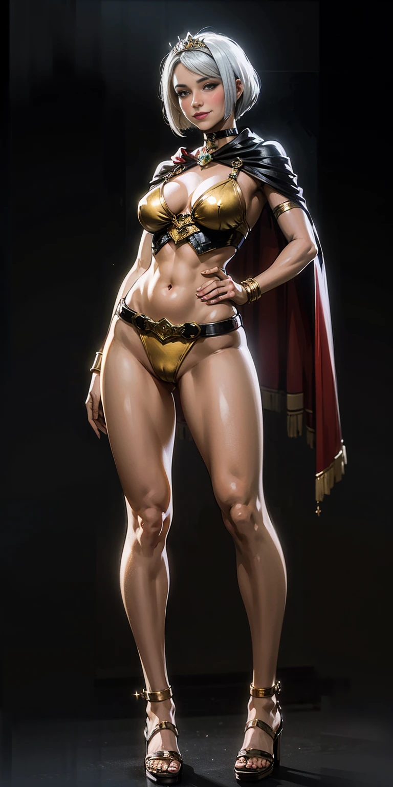 ((BLACK BACKGROUND,1:2, masterpiece)), full body MILF BIMBO standing with two long thighs and two high heels, red eyes, silver white hair, short bob style hair, big breasts, cleavage, separate sleeves, tiara royal, long cape up to two feet, yellow bikini, hands on waist, navel, lustful smirking smiling, smile face (red blushed, red cheeks), metal shoulders, gold sleeveless armbands, black leather choker slave collar, shackle bracelets, sex slave red crest, full body MILF BIMBO standing with two long thighs and two metal sandals, red eyes, silver white hair, short bob style hair, big breasts, cleavage, separate sleeves, tiara royal, long cape up to two feet, yellow bikini, hands on waist, navel, lustful smirking smiling, smile face (red blushed, red cheeks), metal shoulders, gold sleeveless armbands, black leather choker slave collar, shackle bracelets, sex slave red crest, pauldrons, breastplate, corset, eye focus, full body, whole body. 1solo . slave fighter, loincloth standing, hands on hips, metal sandals, backpack, choker, big belt, view from below, feet together, bracers, tiara)