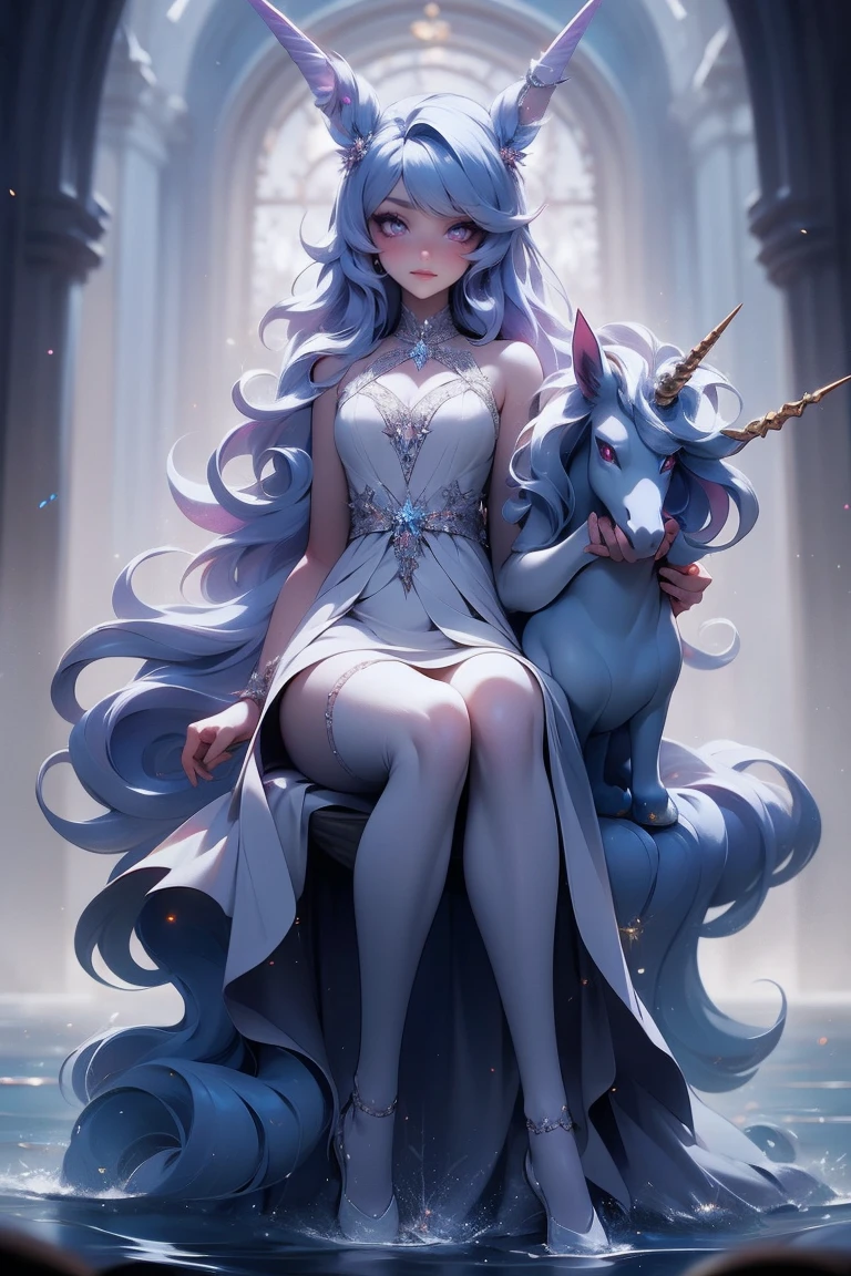 {-erro_de_anatomia:1.0} There is a white unicorn girl, blue mane and long mane, white unicorn, unicorn, unicorn horns, A unicorn, celestia, Nine stories, blue unicorn, soft dreamy, cinematic light《fangs》Unicorn in, mythological creatures, a mythical creature, Pokémon illustration, unicorns, a glaceon princess, white dress, opal eyes. Auroracore, ghostly iridescent, image good for rendering, sitting on the water. unicorn girl, full body, holding a crystal unicorn