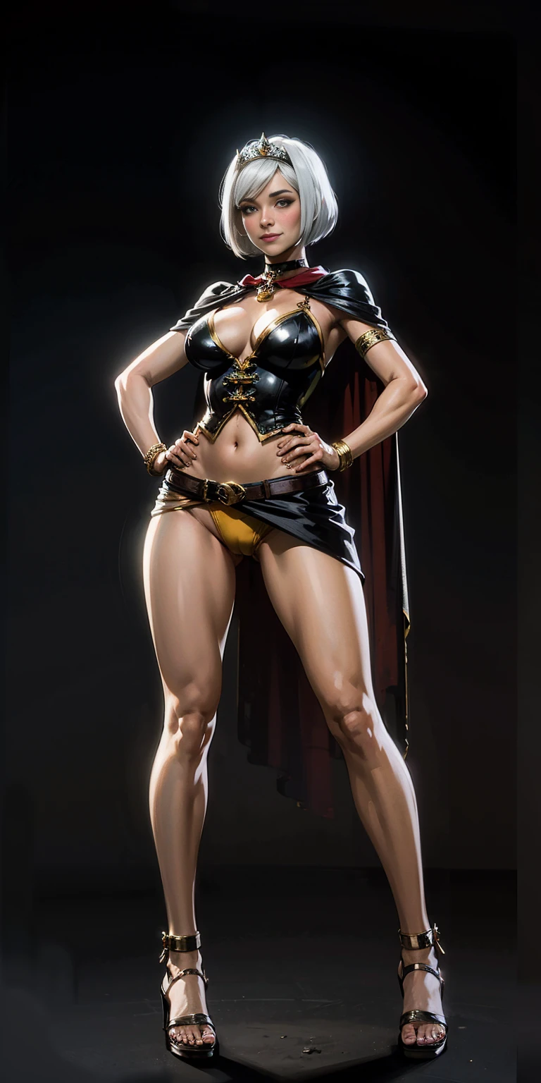 ((BLACK BACKGROUND,1:2, masterpiece)), full body MILF BIMBO standing with two long thighs and two high heels, red eyes, silver white hair, short bob style hair, big breasts, cleavage, separate sleeves, tiara royal, long cape up to two feet, yellow bikini, hands on waist, navel, lustful smirking smiling, smile face (red blushed, red cheeks), metal shoulders, gold sleeveless armbands, black leather choker slave collar, shackle bracelets, sex slave red crest, full body MILF BIMBO standing with two long thighs and two metal sandals, red eyes, silver white hair, short bob style hair, big breasts, cleavage, separate sleeves, tiara royal, long cape up to two feet, yellow bikini, hands on waist, navel, lustful smirking smiling, smile face (red blushed, red cheeks), metal shoulders, gold sleeveless armbands, black leather choker slave collar, shackle bracelets, sex slave red crest, pauldrons, breastplate, corset, eye focus, full body, whole body. 1solo . slave fighter, loincloth standing, hands on hips, metal sandals, backpack, choker, big belt, view from below, feet together, bracers, tiara)