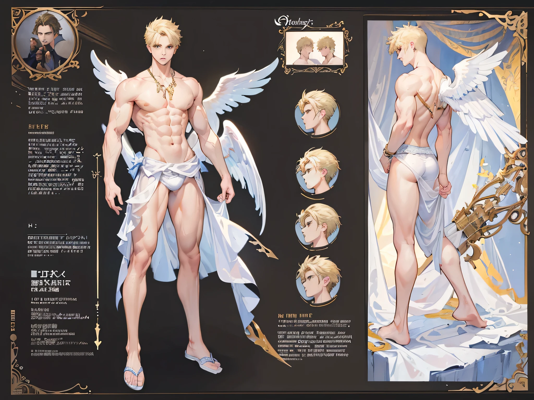 ((Masterpiece, Highest quality)), Male, boy, Detailed face, character design sheet， full bodyesbian, Full of details, frontal body view, back body view, Highly detailed, Depth, Many parts, angel wings, angel outfit, Muscle boy with blond hair，handsome man, male angel , man tall, pectoral muscle, abs