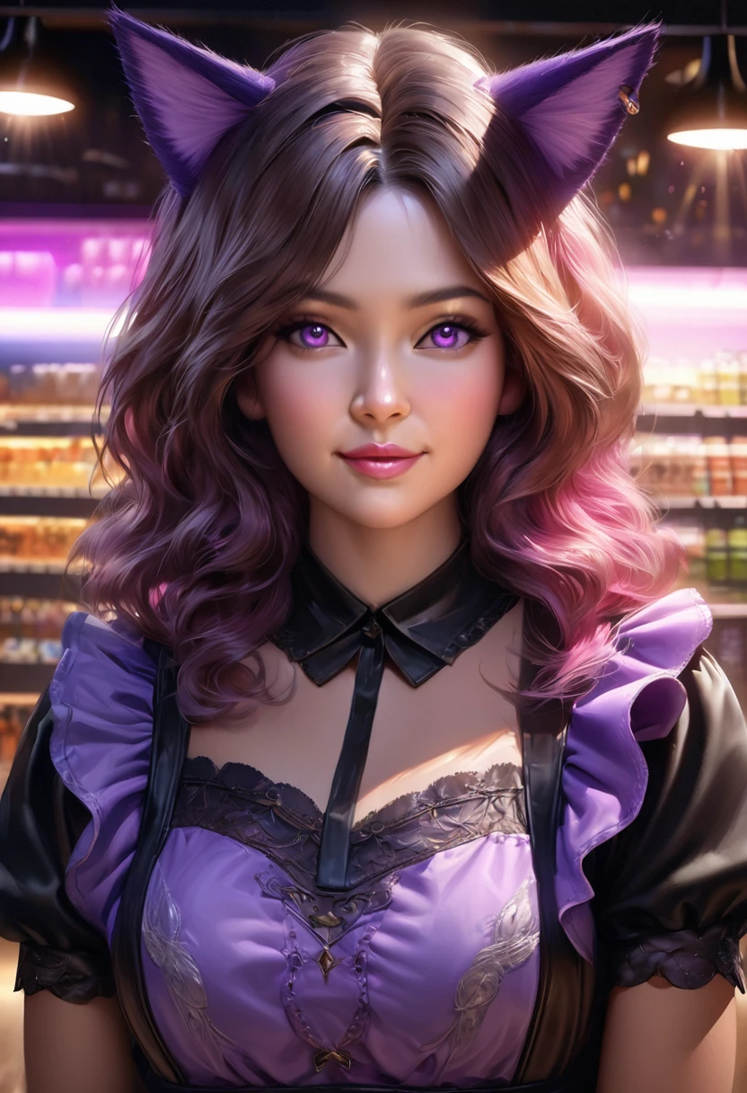 (best quality,4k,8k,highres,masterpiece:1.2),ultra-detailed,(realistic,photorealistic,photo-realistic:1.37), HDR,UHD,studio lighting,ultra-fine painting,sharp focus,physically-based rendering,extreme detail description,professional,vivid colors,bokeh, portraits,night scene,playful lighting, vibrant, enchanted
A cute Malaysian woman with shoulder length hair, wearing a purple maid outfit, and flaunting fake purple cat ears, stands in a convenience store at midnight, her purple furry tail playfully swaying behind her. The woman, approximately 25 years old, with beautifully detailed eyes and plump lips, exudes a vibrant and enchanting energy as she flirts with the cashier. The artist captures her mischievous smile and the subtle blush on her cheeks, giving the portrait an ultra-detailed and photorealistic quality.
The scene is bathed in a playful lighting, emphasizing the woman's charm and the midnight atmosphere. The studio lighting brings out the crisp details of her outfit and hair, while creating a sense of depth and dimension. The colors are vivid and rich, with a particular emphasis on shades of purple that complement her attire. The artist utilizes bokeh to add a dreamy and enchanting feel to the background, immersing the viewer in a magical convenience store setting.
This painting is a masterpiece of ultra-fine painting techniques, showcasing the artist's professionalism and extreme attention to detail. The physicaally-based rendering technique used in this artwork ensures that every texture and surface is rendered realistically, from the woman's soft hair to the smoothness of her outfit. The sharp focus draws attention to the woman's expressive eyes and delicate features, capturing her flirtatious gaze perfectly.
The overall artwork exudes a sense of playfulness and charm, blending the elements of fantasy and reality. The artist skillfully combines the vibrant colors, natural lighting, and enchanting atmosphere to create a captivating portrait of this cute