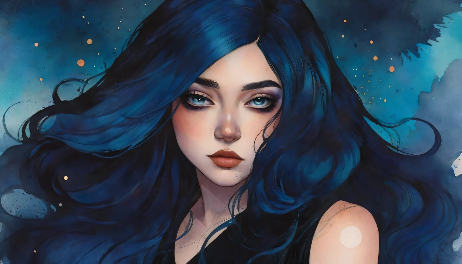 a watercolor painting of a woman with long black hair and a black dress, girl with blue hair, style of charlie bowater, jen bartel, in style of charlie bowater, woman with black hair, in style of anna dittmann, charlie bowater rich deep colors, inspired by Jeremiah Ketner, inspired by Harumi Hironaka