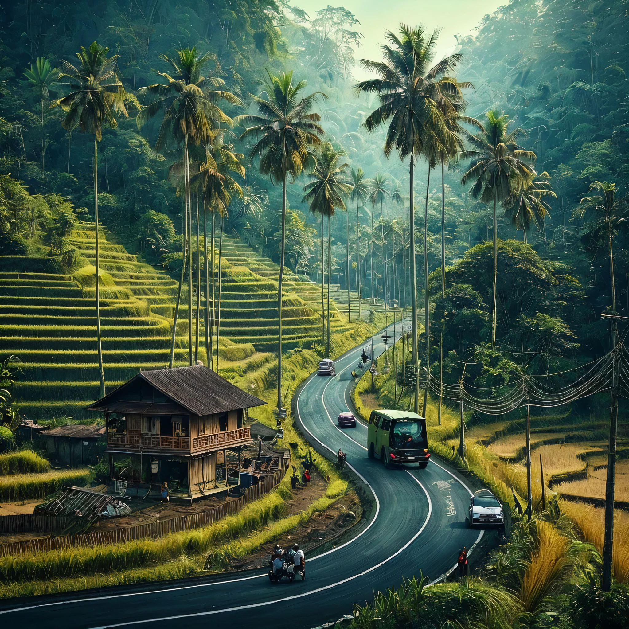 jalan hitam yang berbelok dan menurun tajam, di samping sawah yang undak, terlihat dua batang pohon kelapa, gubug kayu di samping jalan tersebut, background di kaki hutan yang rimbun yang menggunung tinggi, pagar jalan, tiang listrik di pinggir jalan, sejuk,
, ๐ฐ๐ช๐ญ ๐ฑ๐ข๐ช๐ฏ๐ต๐ช๐ฏ๐จ ๐ด๐ต๐บ๐ญ๐ฆ
