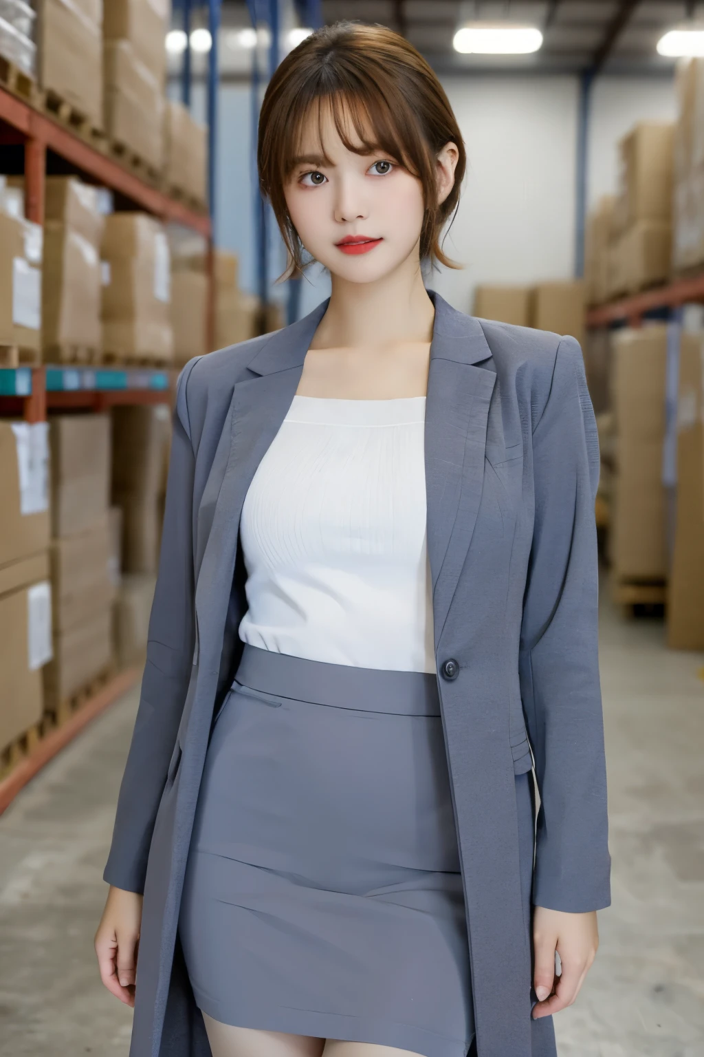 best quality,HDR,UHD,8K,Vivid Colors,solo,front mirror,photo_(medium),(1girl:1.3),(looking at viewer:1.4),upper body,short hair,
standing,outside,warehouse,rc,pencil skirt,coat,shirt,