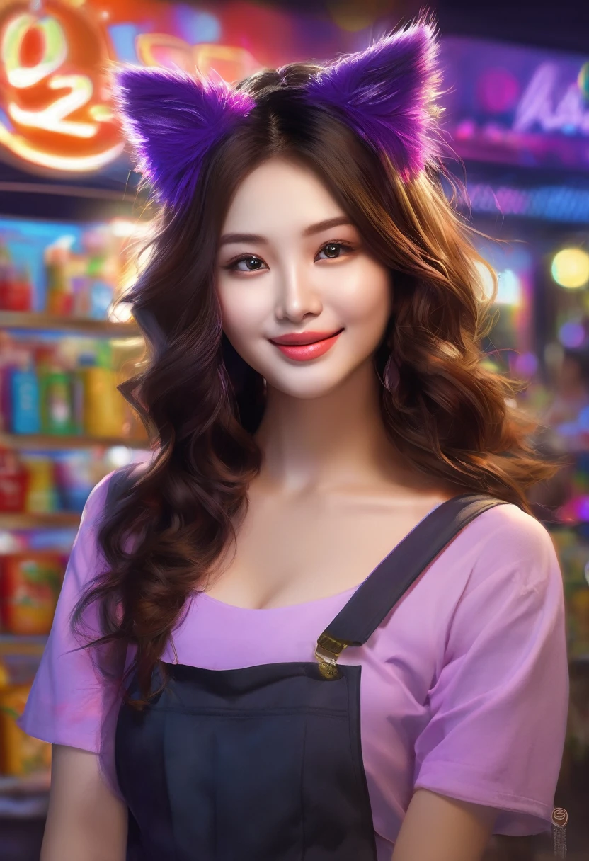 (best quality,4k,8k,highres,masterpiece:1.2),ultra-detailed,(realistic,photorealistic,photo-realistic:1.37), HDR,UHD,studio lighting,ultra-fine painting,sharp focus,physically-based rendering,extreme detail description,professional,vivid colors,bokeh, portraits,night scene,playful lighting, vibrant, enchanted A cute Malaysian woman with shoulder length hair, wearing a purple maid outfit, and flaunting fake purple cat ears, stands in a convenience store at midnight, her purple furry tail playfully swaying behind her. The woman, approximately 25 years old, with beautifully detailed eyes and plump lips, exudes a vibrant and enchanting energy as she flirts with the cashier. The artist captures her mischievous smile and the subtle blush on her cheeks, giving the portrait an ultra-detailed and photorealistic quality. The scene is bathed in a playful lighting, emphasizing the woman's charm and the midnight atmosphere. The studio lighting brings out the crisp details of her outfit and hair, while creating a sense of depth and dimension. The colors are vivid and rich, with a particular emphasis on shades of purple that complement her attire. The artist utilizes bokeh to add a dreamy and enchanting feel to the background, immersing the viewer in a magical convenience store setting. This painting is a masterpiece of ultra-fine painting techniques, showcasing the artist's professionalism and extreme attention to detail. The physicaally-based rendering technique used in this artwork ensures that every texture and surface is rendered realistically, from the woman's soft hair to the smoothness of her outfit. The sharp focus draws attention to the woman's expressive eyes and delicate features, capturing her flirtatious gaze perfectly. The overall artwork exudes a sense of playfulness and charm, blending the elements of fantasy and reality. The artist skillfully combines the vibrant colors, natural lighting, and enchanting atmosphere to create a captivating portrait of this cute