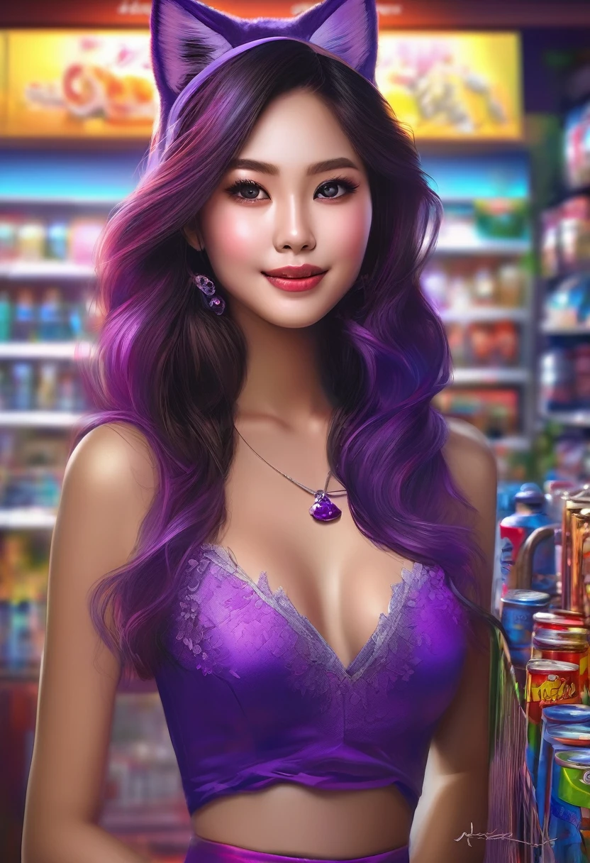 (best quality,4k,8k,highres,masterpiece:1.2),ultra-detailed,(realistic,photorealistic,photo-realistic:1.37), HDR,UHD,studio lighting,ultra-fine painting,sharp focus,physically-based rendering,extreme detail description,professional,vivid colors,bokeh, portraits,night scene,playful lighting, vibrant, enchanted A cute Malaysian woman with shoulder length hair, wearing a purple maid outfit, and flaunting fake purple cat ears, stands in a convenience store at midnight, her purple furry tail playfully swaying behind her. The woman, approximately 25 years old, with beautifully detailed eyes and plump lips, exudes a vibrant and enchanting energy as she flirts with the cashier. The artist captures her mischievous smile and the subtle blush on her cheeks, giving the portrait an ultra-detailed and photorealistic quality. The scene is bathed in a playful lighting, emphasizing the woman's charm and the midnight atmosphere. The studio lighting brings out the crisp details of her outfit and hair, while creating a sense of depth and dimension. The colors are vivid and rich, with a particular emphasis on shades of purple that complement her attire. The artist utilizes bokeh to add a dreamy and enchanting feel to the background, immersing the viewer in a magical convenience store setting. This painting is a masterpiece of ultra-fine painting techniques, showcasing the artist's professionalism and extreme attention to detail. The physicaally-based rendering technique used in this artwork ensures that every texture and surface is rendered realistically, from the woman's soft hair to the smoothness of her outfit. The sharp focus draws attention to the woman's expressive eyes and delicate features, capturing her flirtatious gaze perfectly. The overall artwork exudes a sense of playfulness and charm, blending the elements of fantasy and reality. The artist skillfully combines the vibrant colors, natural lighting, and enchanting atmosphere to create a captivating portrait of this cute