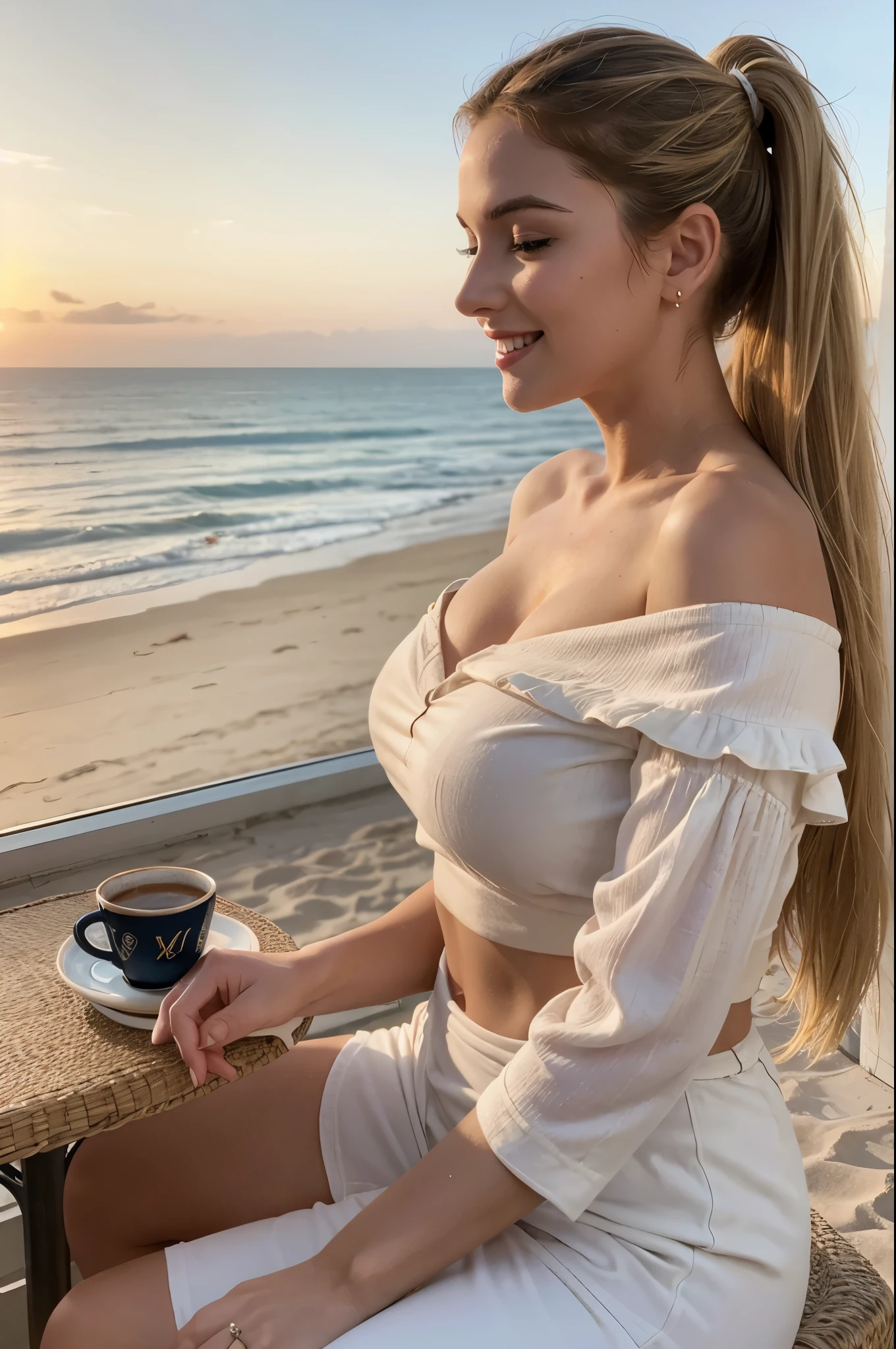 masterpiece, best quality, extremely detailed, hyperrealistic, photorealistic:1.1, a beautiful 20s french model, terrace, beach, cafe, in the sunset, ivory off-shoulder top:1.2, sitting, ultra detailed face, high ponytail, blonde hair, pale skin, busty breasts, laughing, eye closed