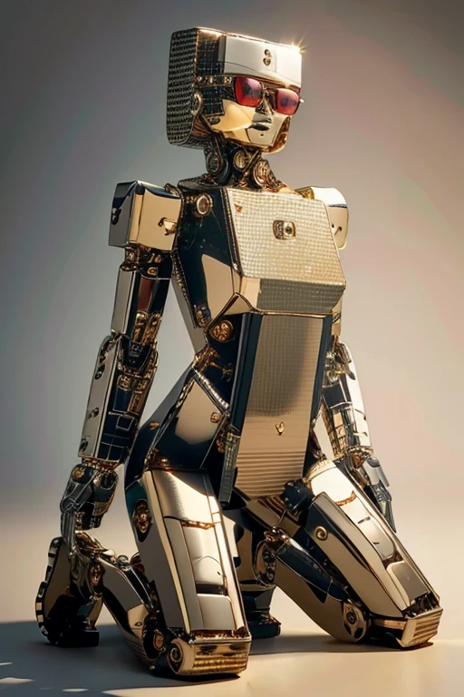 5 8K UHD、A mechanical beauty in a gold metallic body wearing glasses is kneeling、A silver metal robot with shiny skin