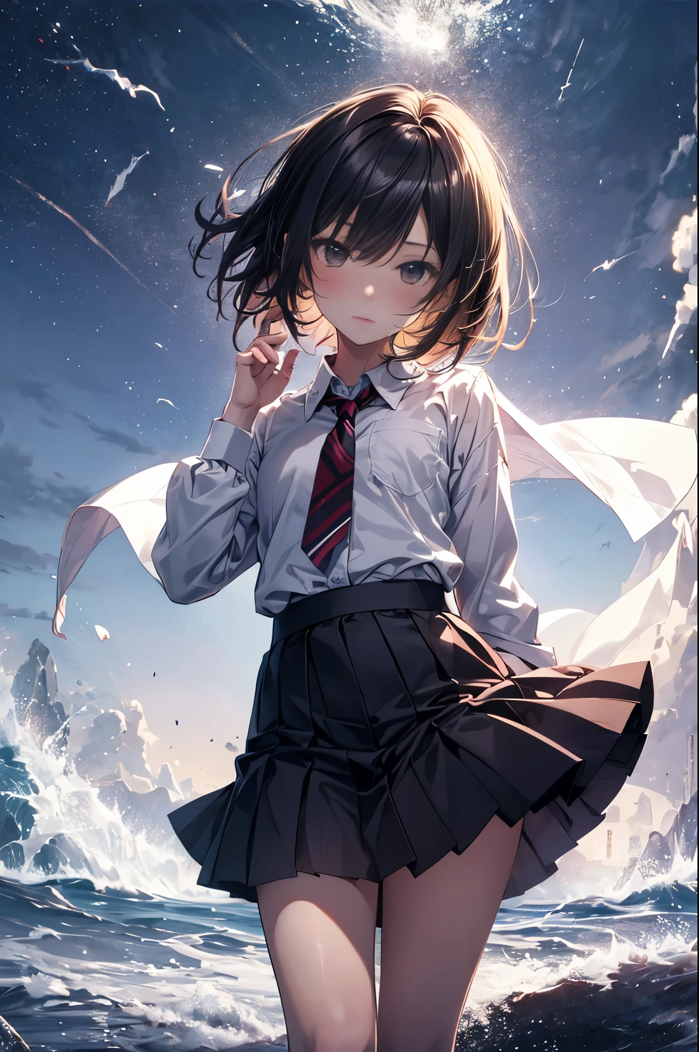 best god quality, Ultra-detailed, anime moe art style,Best Anime 8K Konachan Wallpapers,Pixiv Contest Winner,Perfect Anatomy, (Draw a girl sleepily walking to school. ),BREAK, 1girl a cool beautiful girl, (Solo,Lori,child,13years:1.3),a junior high school student, Androgynous attraction, (Center part very short hair),hair messy, Forehead, Full limbs, complete fingers,flat chest, Small butt, groin, Small eyes,Beautiful detailed black eyes,well-proportioned student,disgusted eye, School uniform, Skirt,On the way to school. BREAK,High resolution,super detailed skin, Best lighting by professional AI, Illustration,