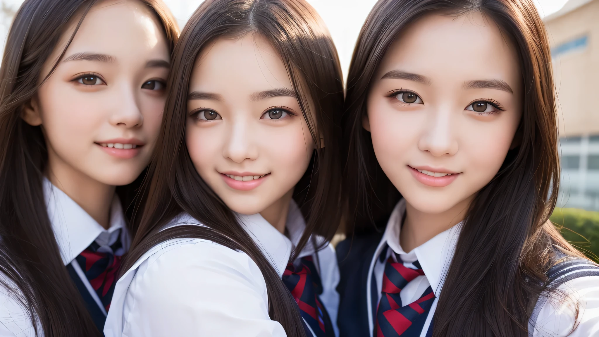 (Twins), 2girl, similar faces, beautiful face, beautiful girls, enchanting smile, (highly detailed eyes, highly detailed face), Fresh, very clean appearance, (hyper-realistic, hight resolution), (best Quality:1.4), Professional Photography, (high school uniform:1.2), focus on the face,