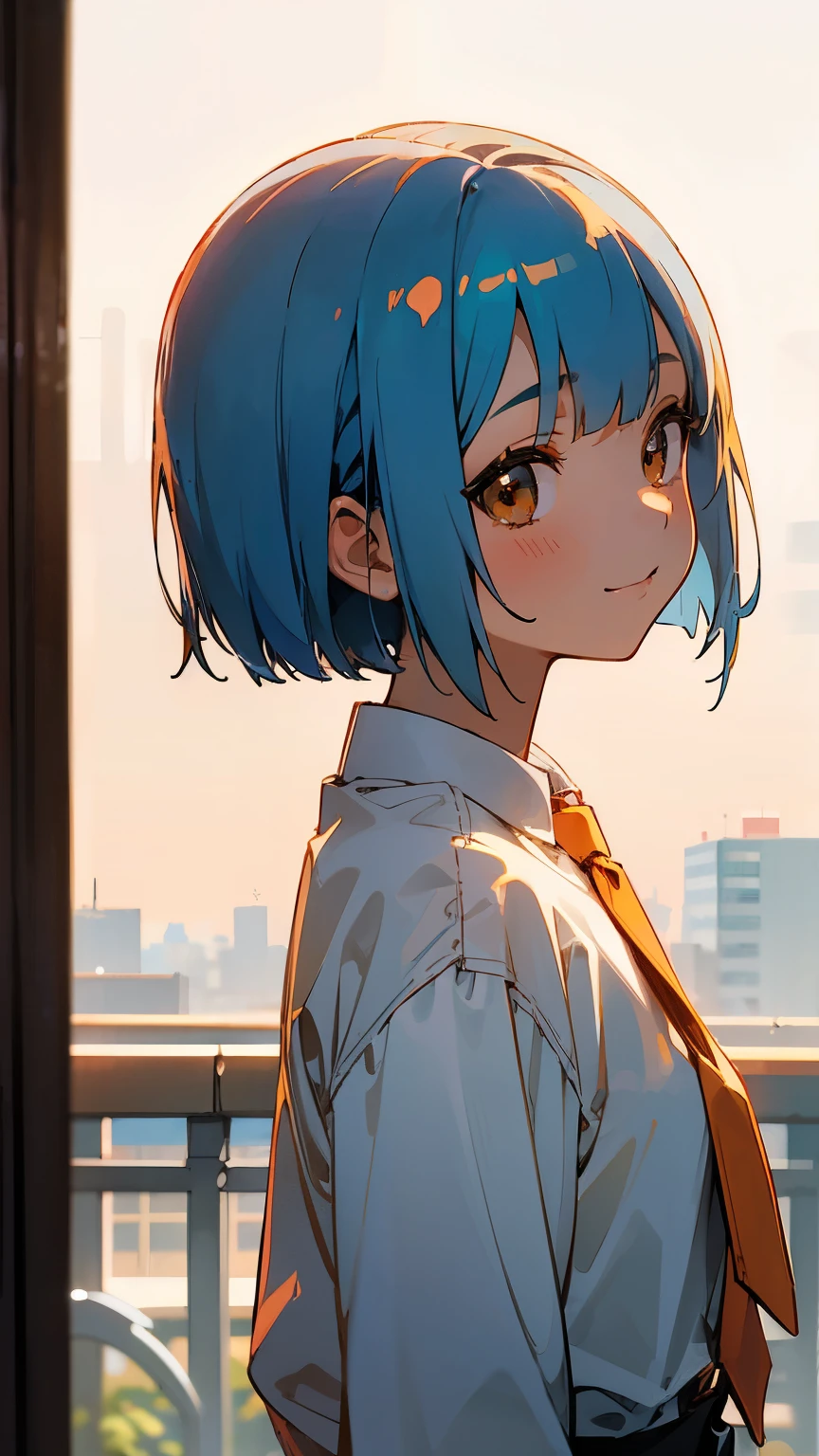 1 girl、anime picture、cute woman、shrimp、Glossy light blue hair、short bob hairstyle、Tie your hair with an orange hair clip、Beautiful brown eyes、smile、From the side、sharp outline、Morning Cafe Terrace、background bokeh、written boundary depth