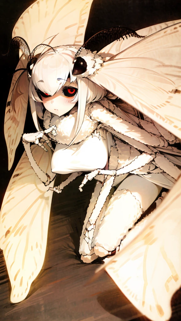 moth Neck hair hairy antenna insect four hands white fur multiple breasts Breast expansion red eye white wings insect girl full-body shot