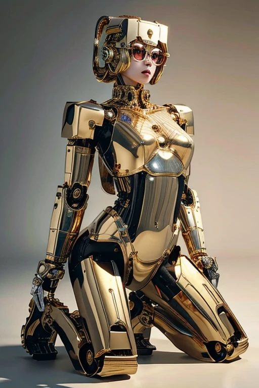 5 8K UHD、A mechanical beauty in a gold metallic body wearing glasses is kneeling、A silver metal robot with shiny skin